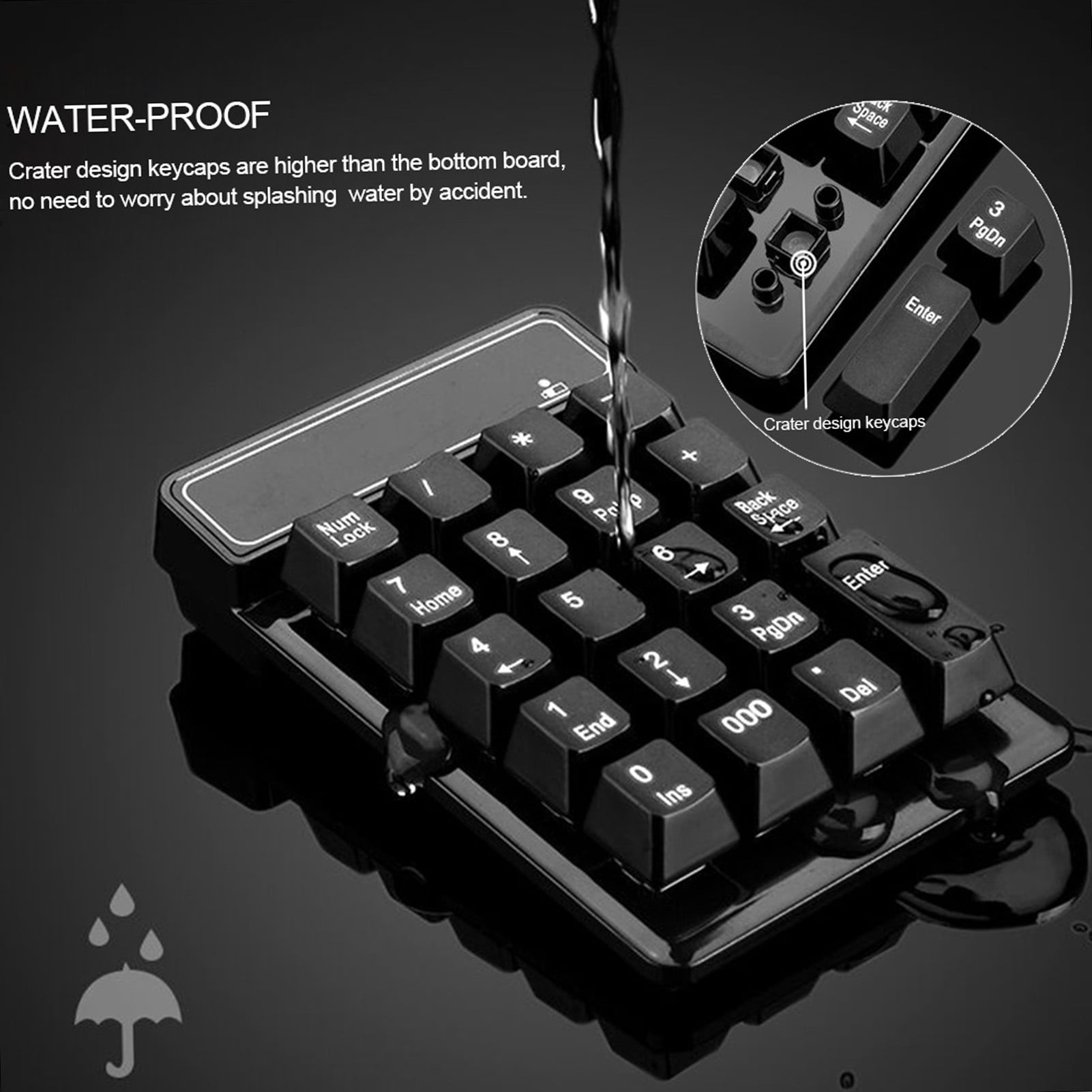 Schwarzer Ziffernblock mit Wassertropfen. Ein Diagramm zeigt das Design der Tastenkappen. Wasserdichtes Design.