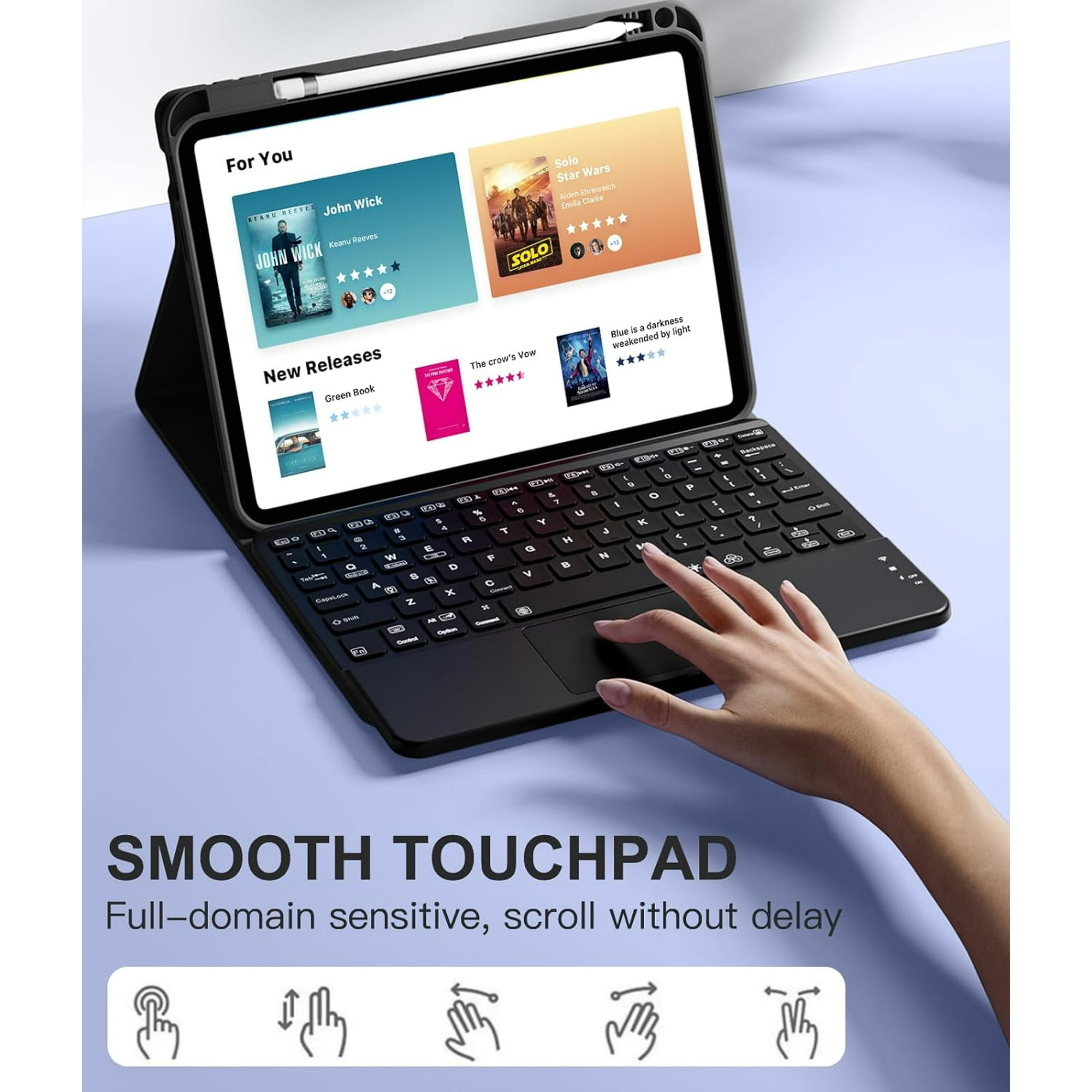 Schwarzes Tablet mit Tastatur. Hand auf Touchpad. Bildschirm zeigt Filmtitel. Text: SMOOTH TOUCHPAD.