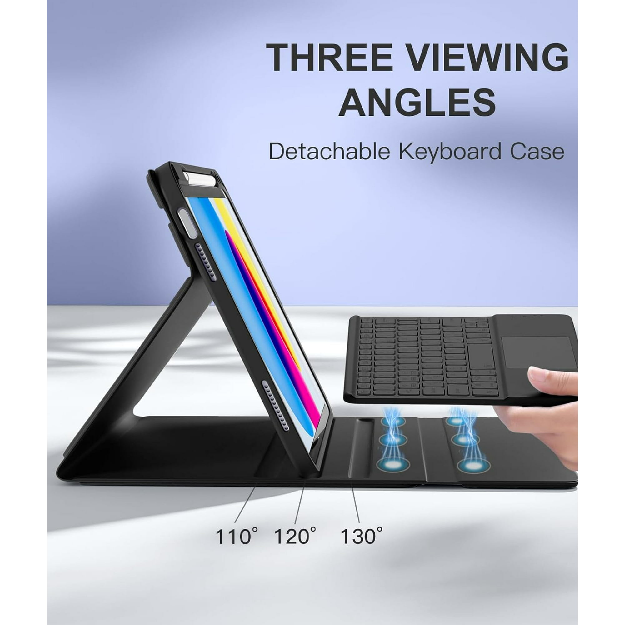 Ein Tablet mit abnehmbarer Tastaturhülle, das drei Betrachtungswinkel zeigt: 110°, 120° und 130°.
