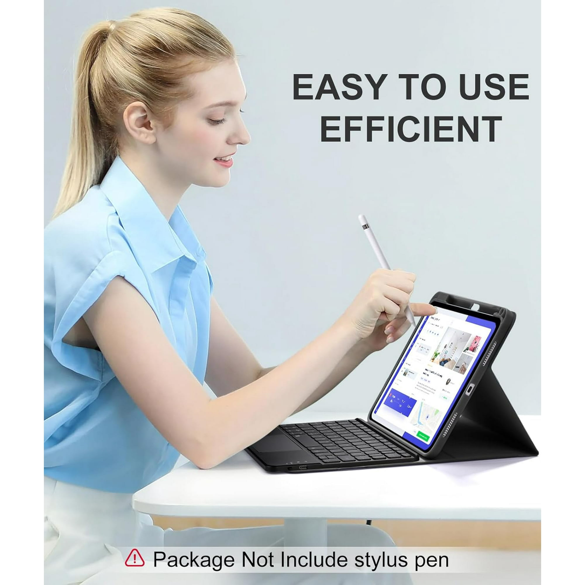 Eine Frau benutzt einen Stift auf einem Tablet mit Tastatur. Der Text lautet: Einfach zu bedienen, Effizient. Paket enthält keinen Stift.
