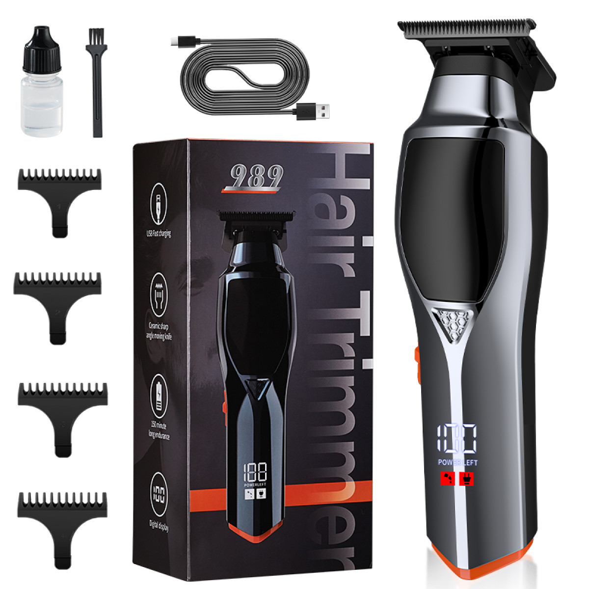 Zestaw trymera do włosów z akcesoriami. Zawiera trymer, kabel do ładowania, olej, szczotkę, nasadki grzebieniowe i pudełko trymera.