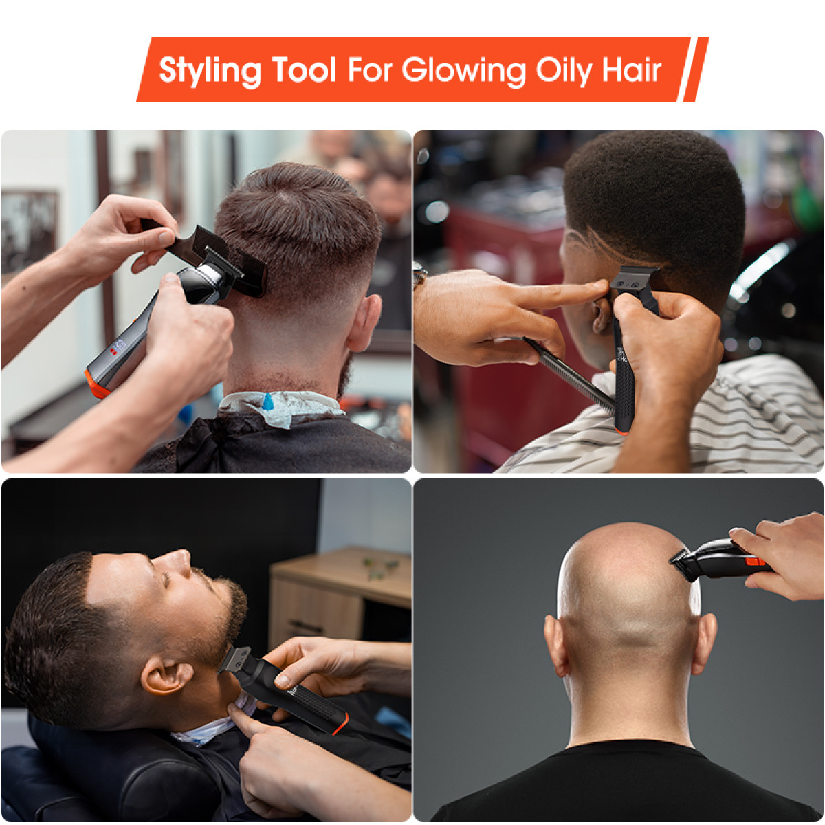 Cztery zdjęcia pokazują strzyżenia. Fryzjerzy używają maszynek do strzyżenia włosów i brody klientów. Narzędzia są czarne i srebrne. Tło jest różne.