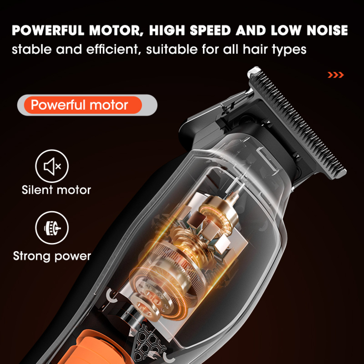 Elektryczna maszynka do włosów z przezroczystą obudową, pokazująca wewnętrzne części silnika. Tekst podkreśla 'mocny silnik', 'cichy silnik' i 'dużą moc'.