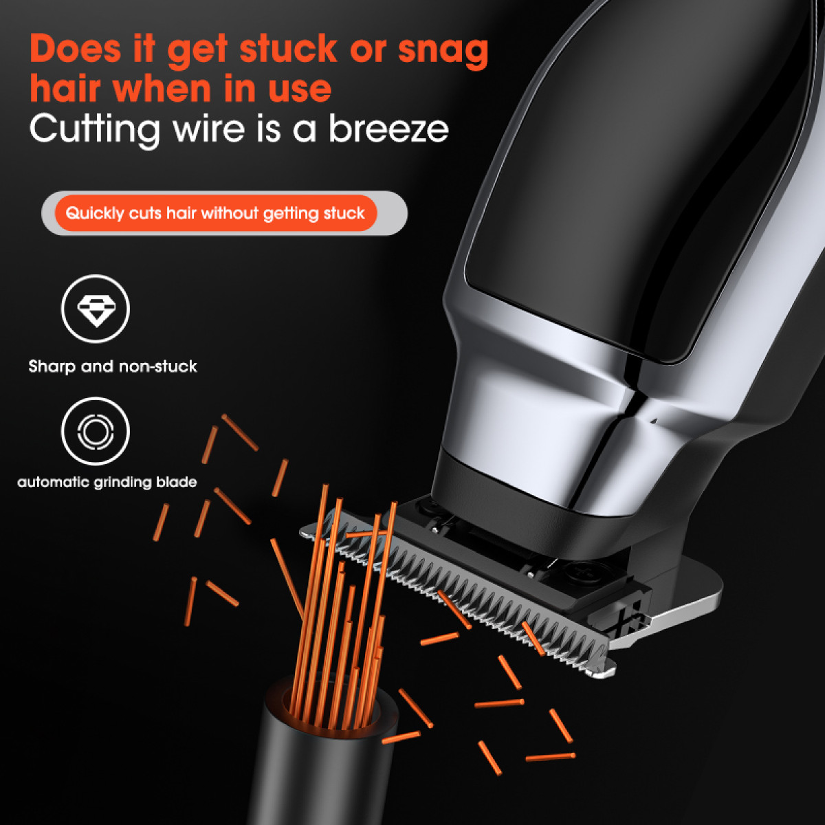 Czarna i srebrna maszynka do włosów tnie pomarańczowe pasma włosów. Tekst mówi, że nie haczy się ani nie zacina.