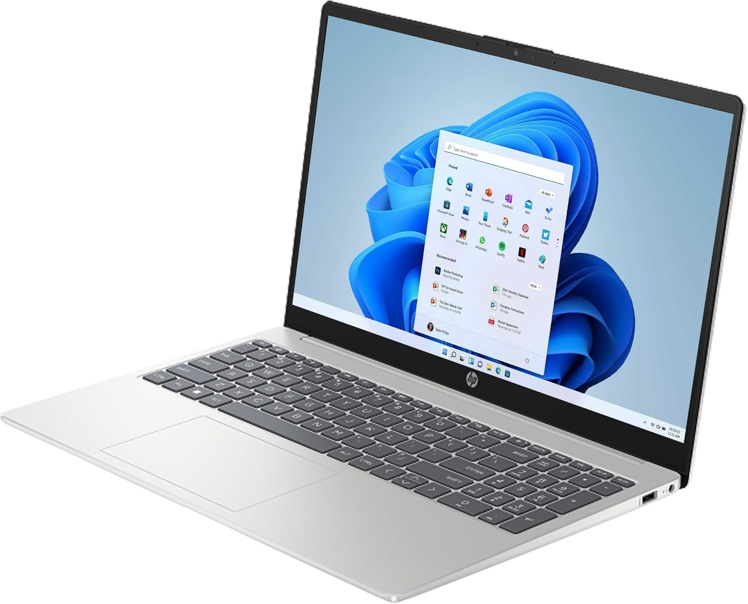 Silberner Laptop mit Windows 11-Oberfläche. Der Bildschirm zeigt App-Symbole. Tastatur und Touchpad sind sichtbar. HP-Logo vorhanden.