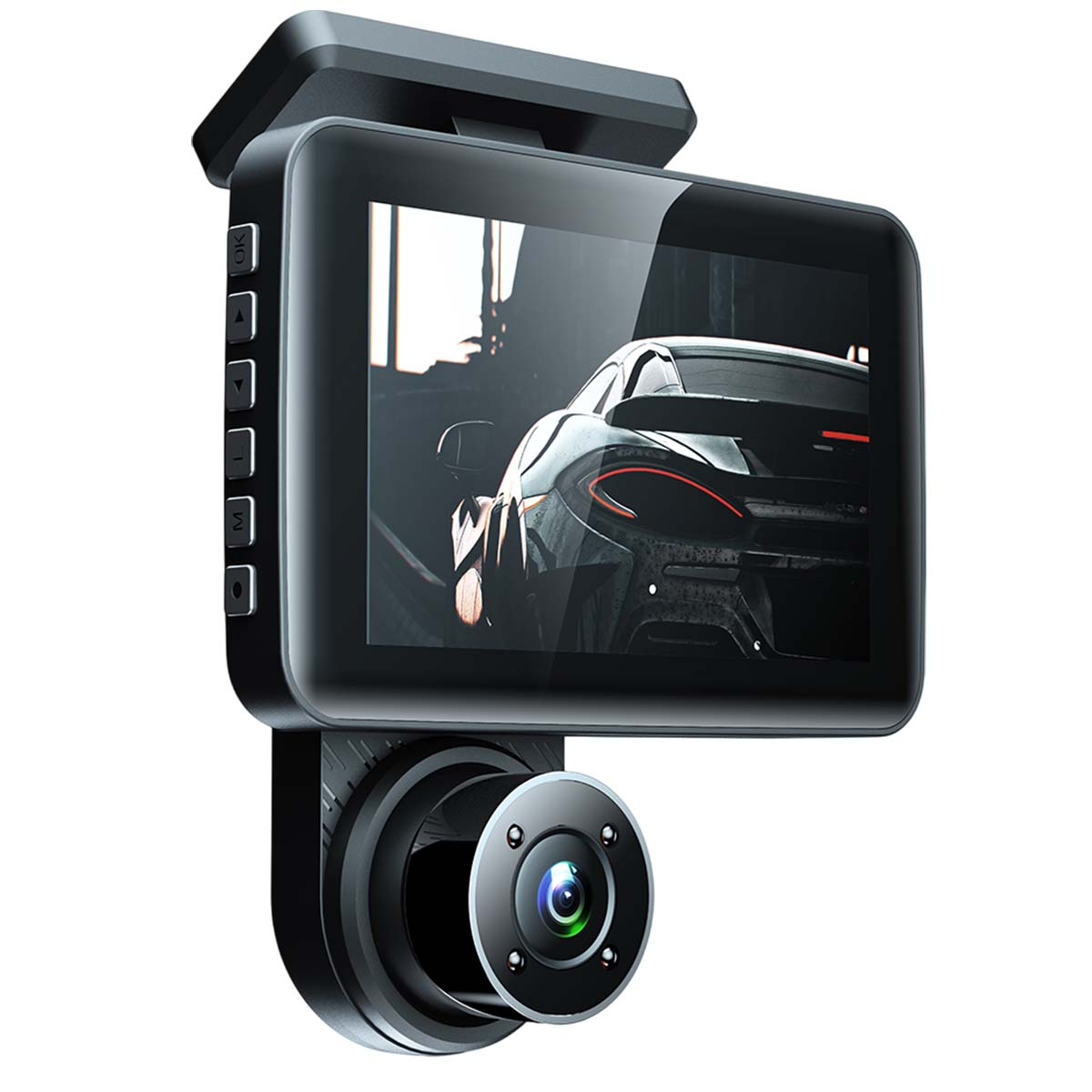 Una dashcam nera con schermo che mostra un'auto. L'obiettivo della fotocamera è visibile sotto lo schermo.