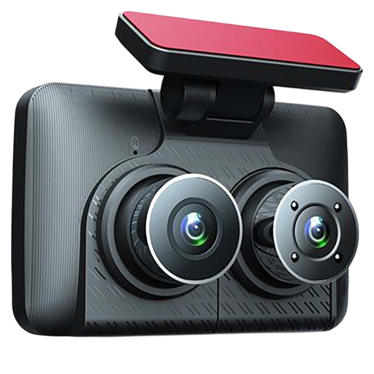 Una telecamera da cruscotto per auto nera con due lenti. Ha un cuscinetto adesivo rosso sulla parte superiore. Le lenti hanno un riflesso blu e verde.