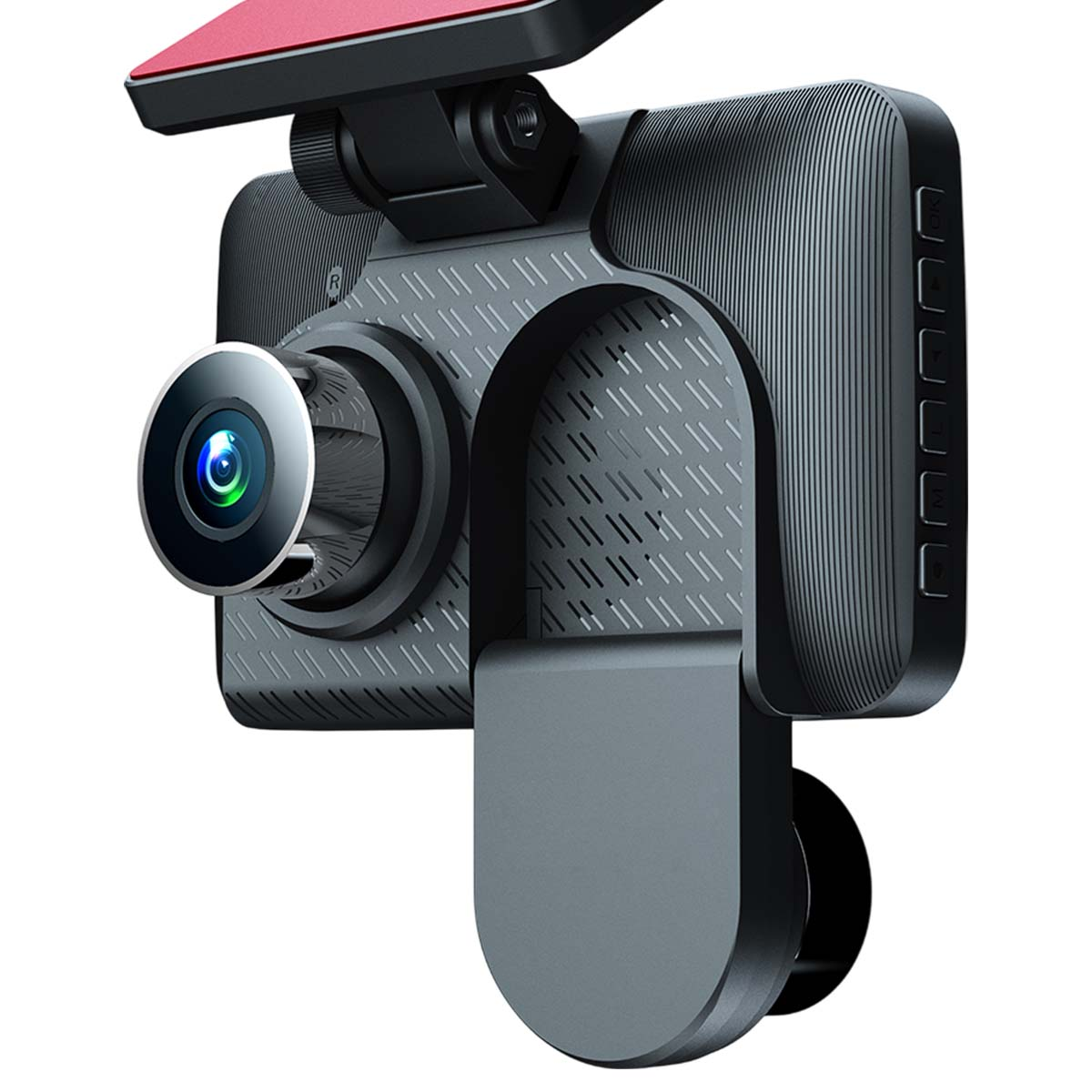 Una dash cam nera per auto con parte superiore rossa, lente e diversi pulsanti. Ha un supporto e uno schermo.