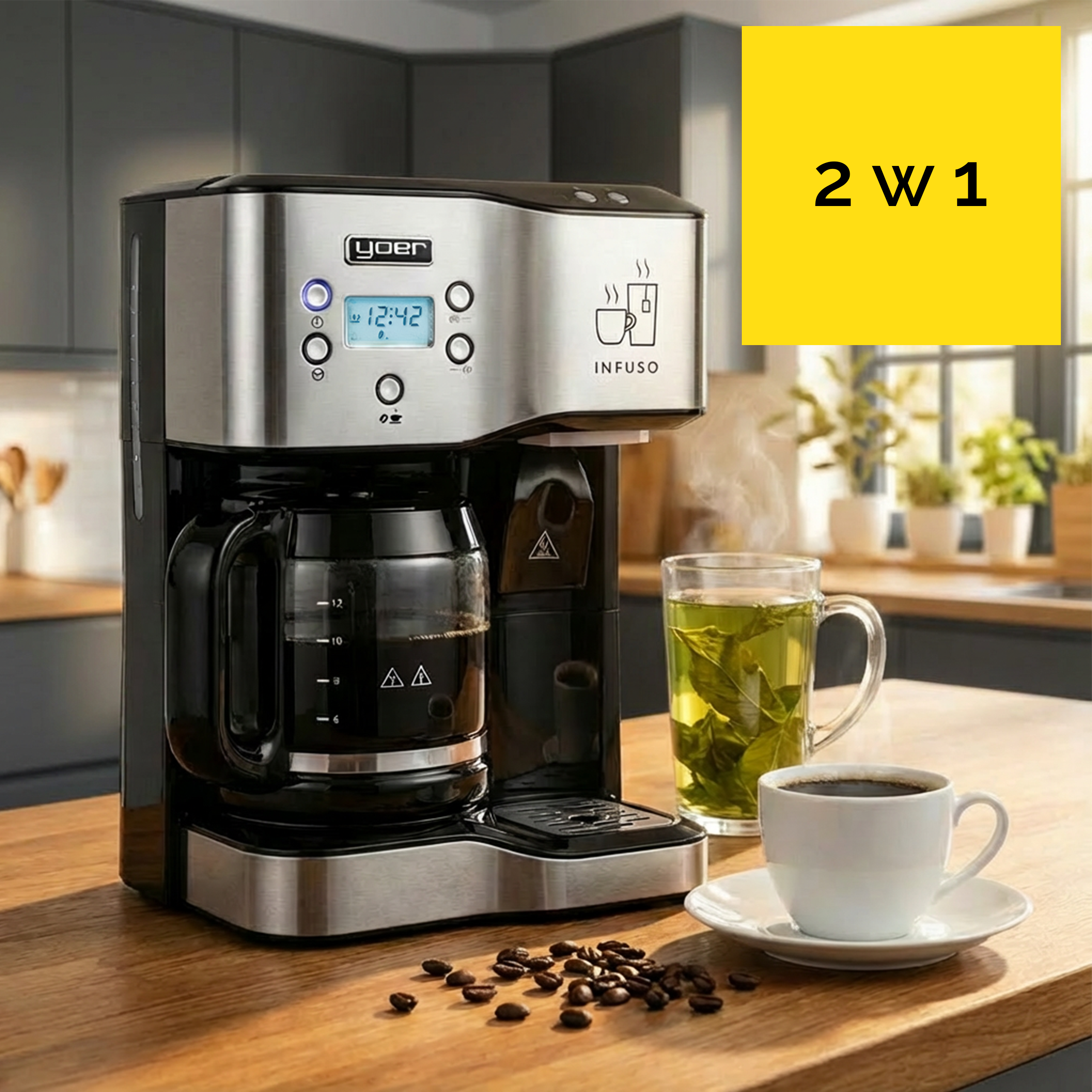 Ekspres do kawy ze szklanką herbaty i filiżanką kawy. Ziarna kawy na drewnianym stole.