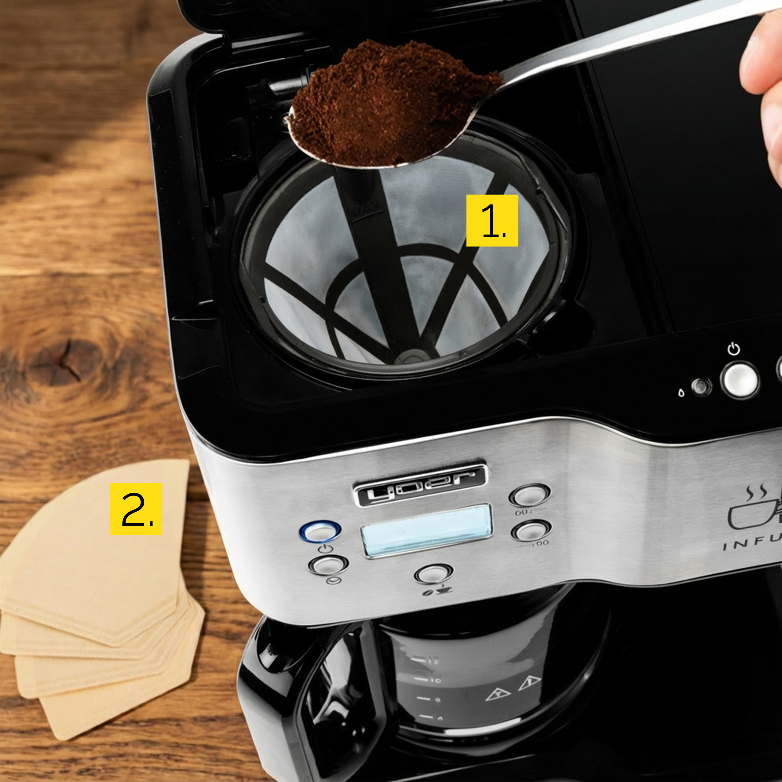 Ekspres do kawy z filtrem i dodawaną kawą mieloną. Filtry do kawy są obok.