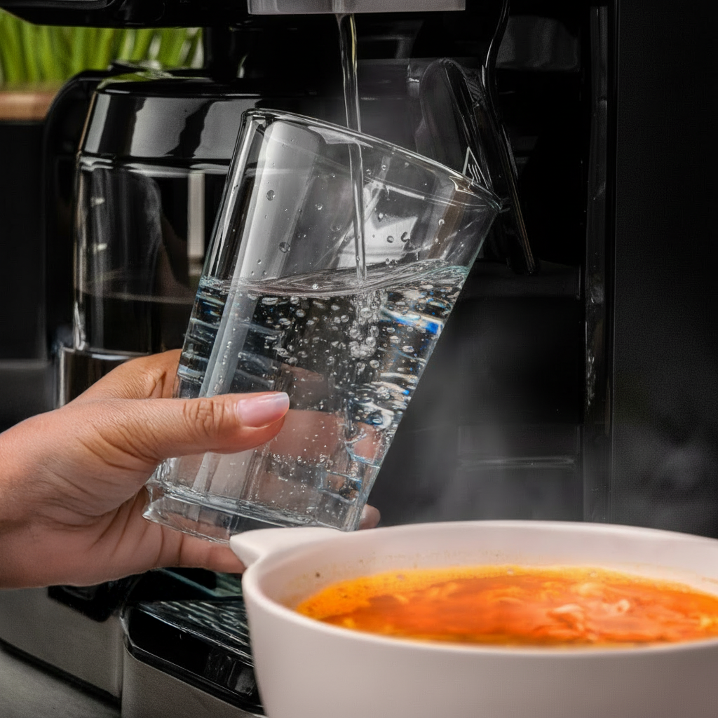 Ręka trzyma szklankę, która jest napełniana wodą. Zupa w białej misce poniżej. Czarna maszyna w tle.