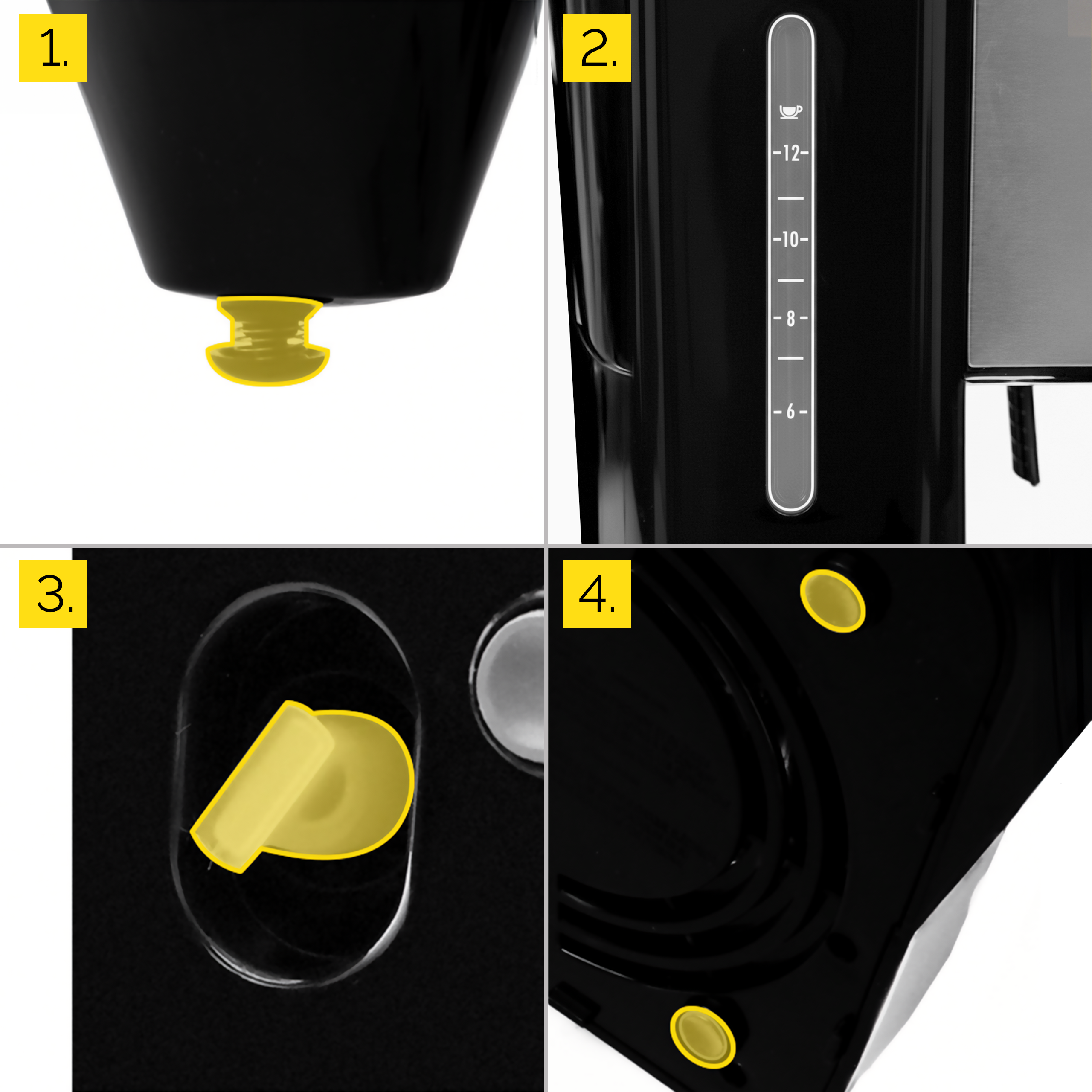 Zbliżenia czarnego ekspresu do kawy. Szczegóły obejmują dyszę, poziom wody, przycisk i podstawę.