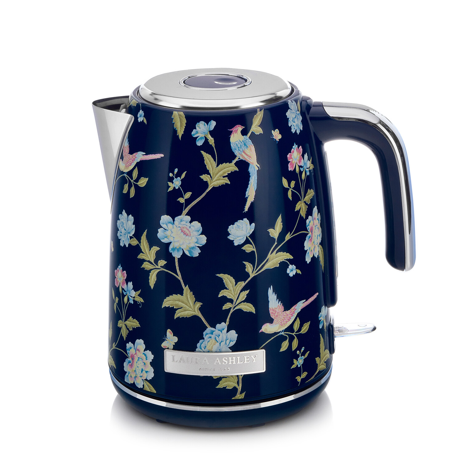 Ein dunkelblauer Blumenkessel mit Vögeln und Blumen. Er hat einen silbernen Deckel und Griff.