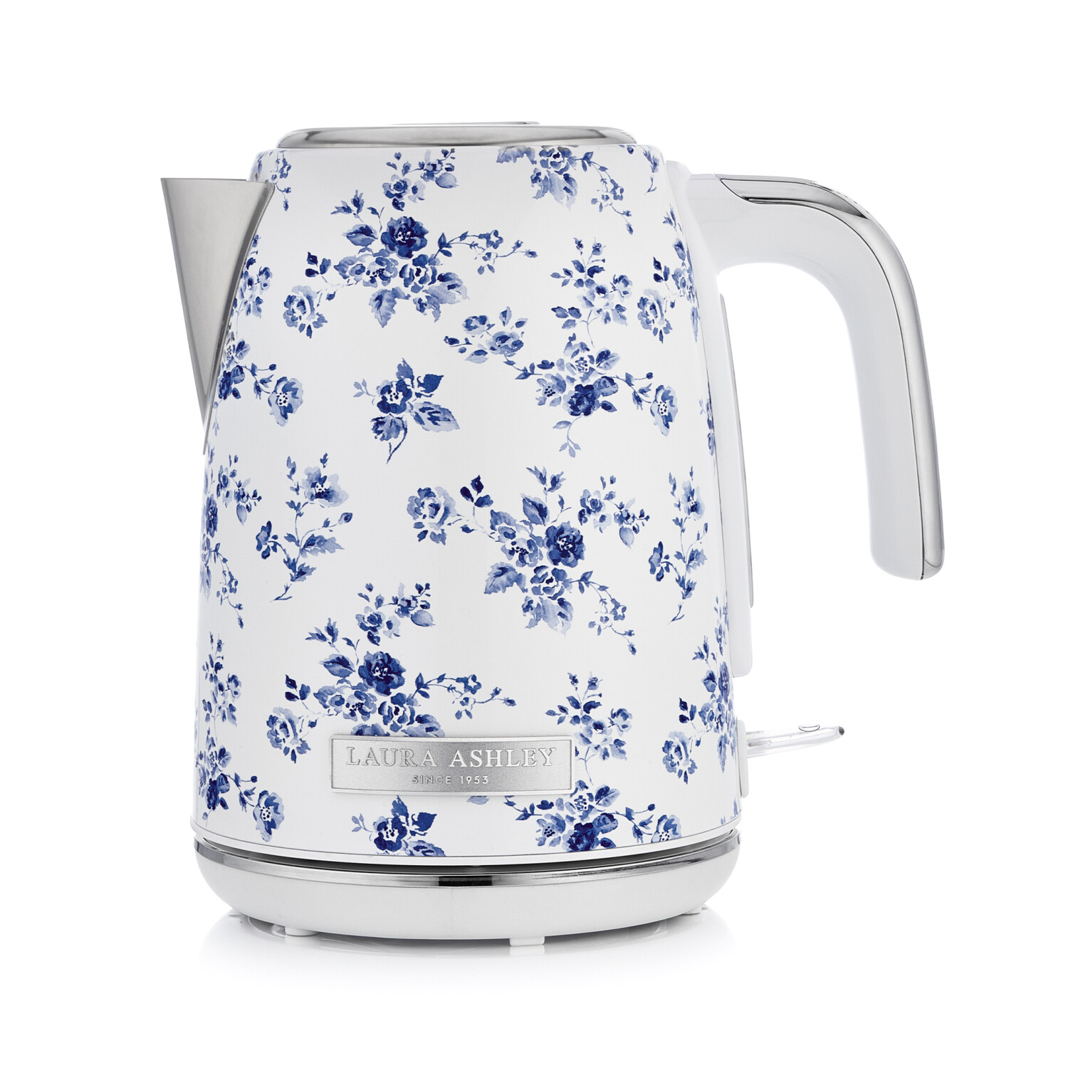 Weißer Wasserkocher mit blauem Blumenmuster. Mit Griff und Ausguss. Basis mit der Marke Laura Ashley.