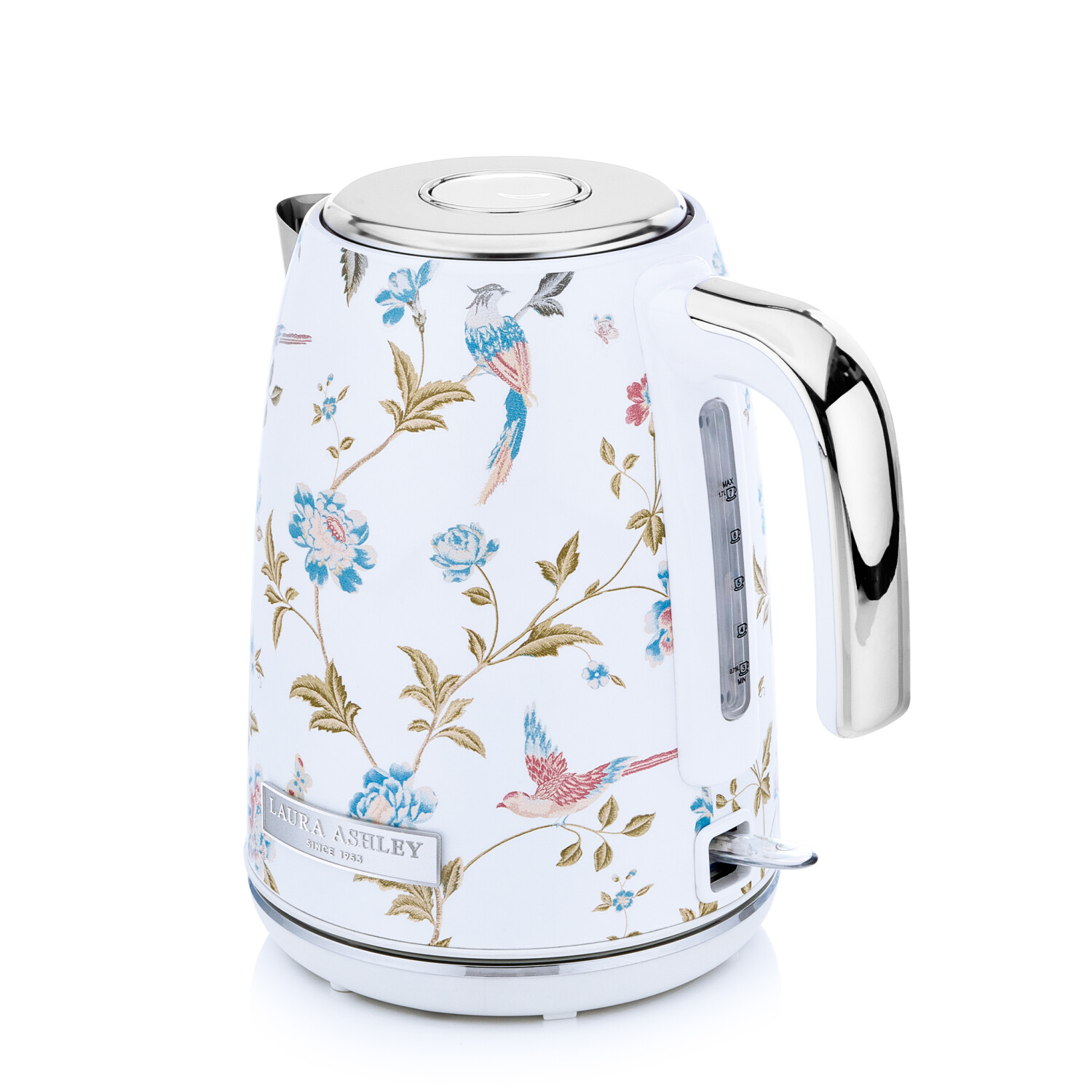 Weißer Wasserkocher mit Blumen- und Vogelmuster. Edelstahlgriff und Deckel. Laura Ashley Logo.