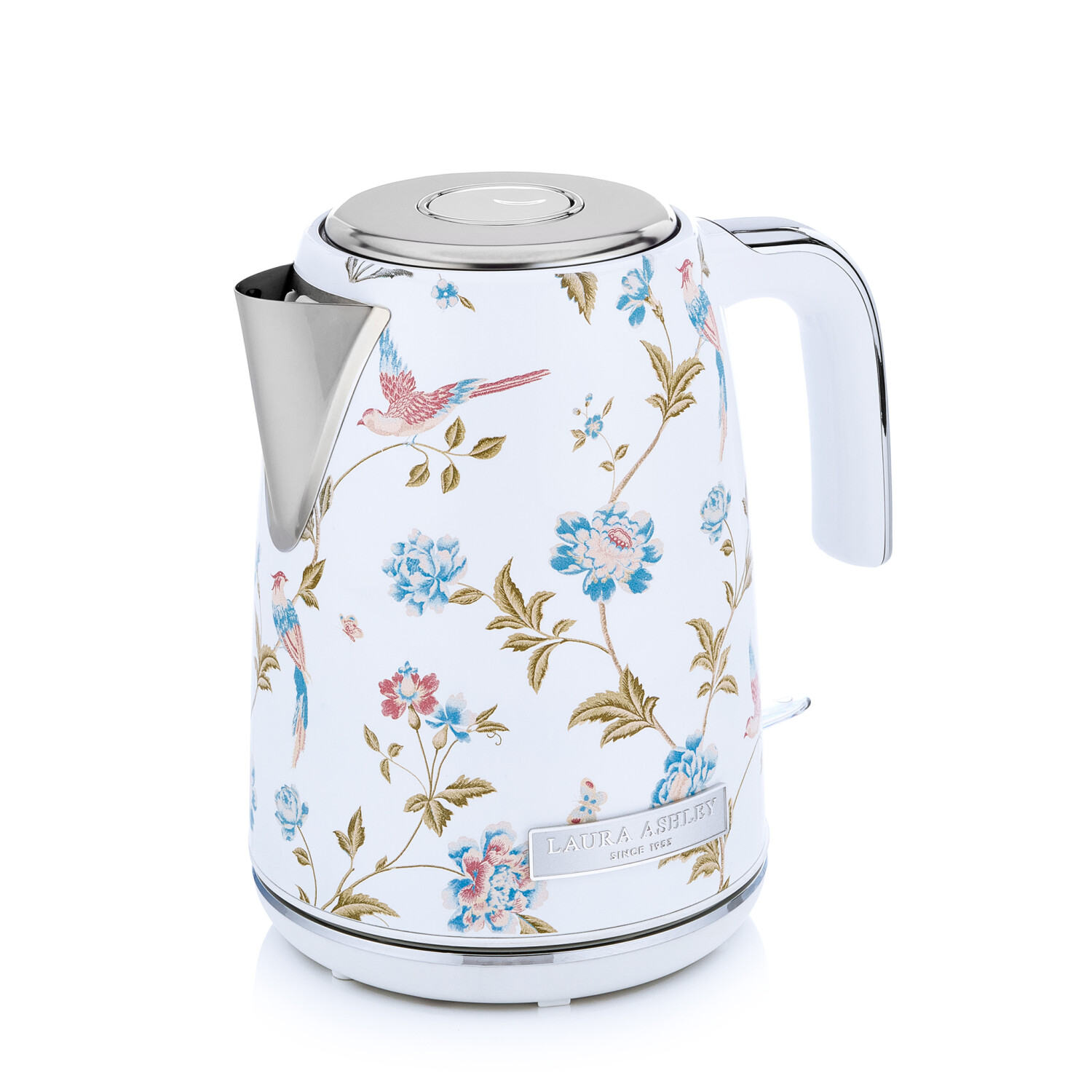 Ein weißer Laura Ashley-Wasserkocher mit Blumenmuster. Er hat einen Edelstahl-Deckel und -Ausguss und einen weißen Griff.