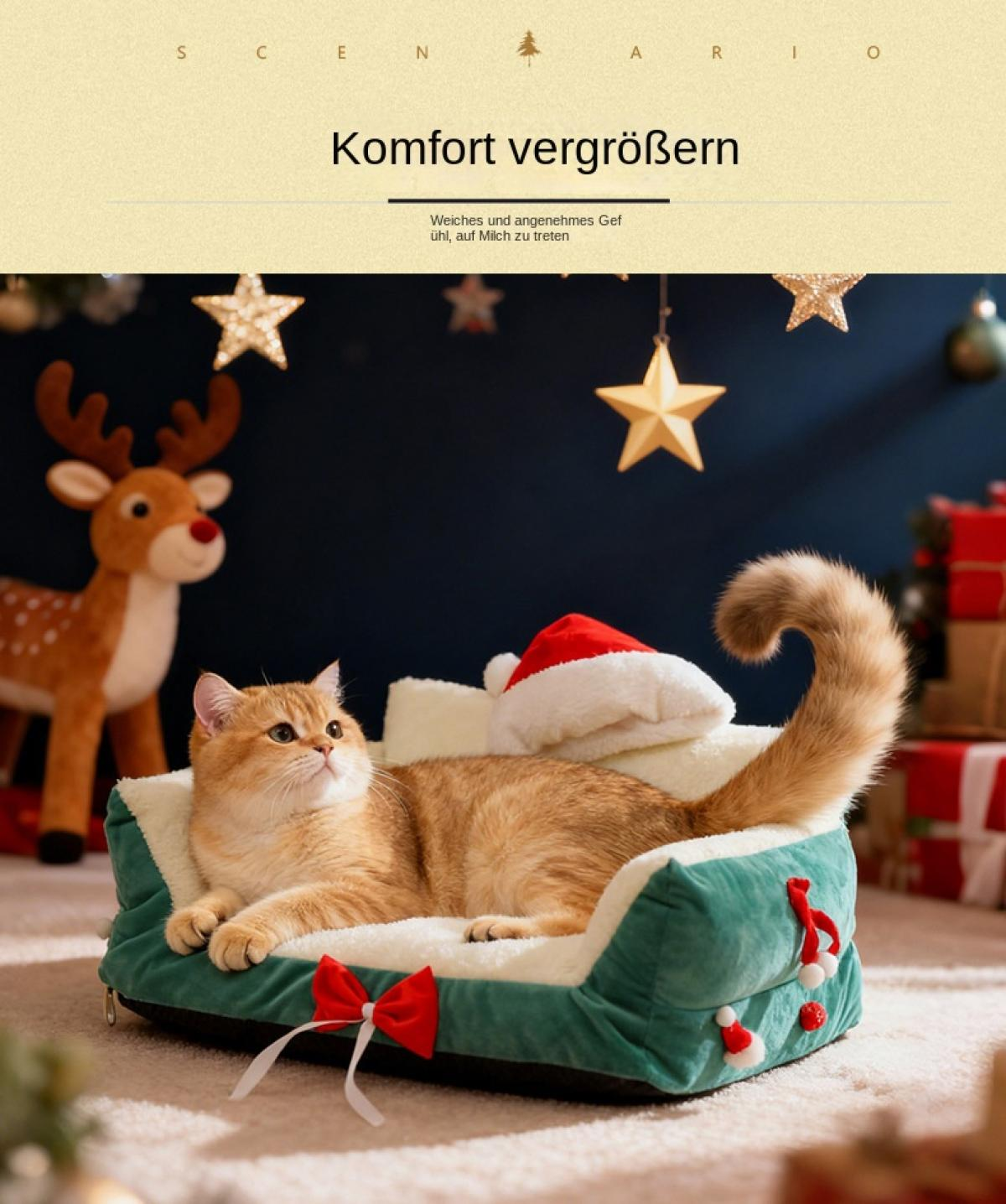 Eine goldene Katze in einem Bett mit Weihnachtsmütze. Ein Rentier-Spielzeug ist links. Der Hintergrund hat Sterne und Weihnachtsgeschenke.