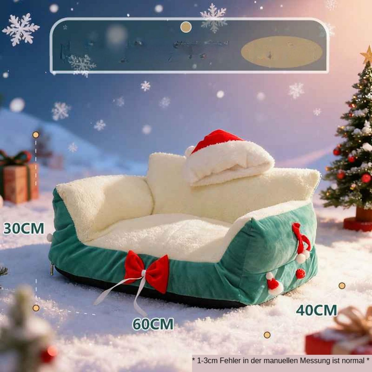 Ein Hundebett mit Weihnachtsmütze. Das Bett ist grün und cremefarben, mit einer roten Schleife. Ein Weihnachtsbaum und Schneeflocken sind im Hintergrund.