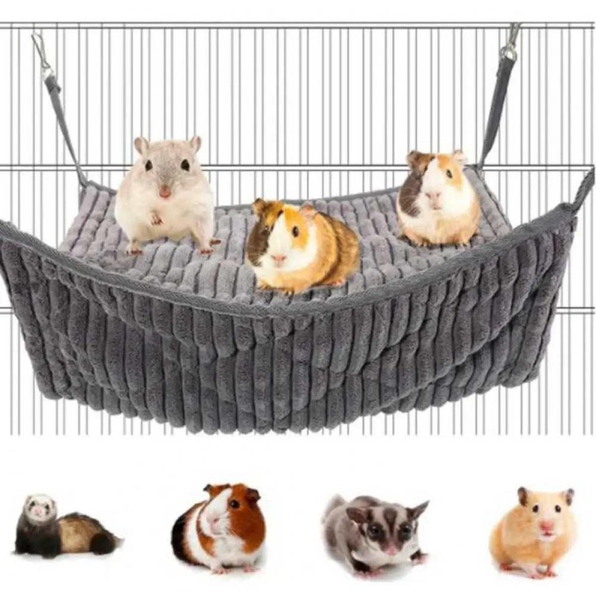 Vier Meerschweinchen auf einer grauen Hängematte in einem Käfig. Darunter sind vier weitere Tiere abgebildet.