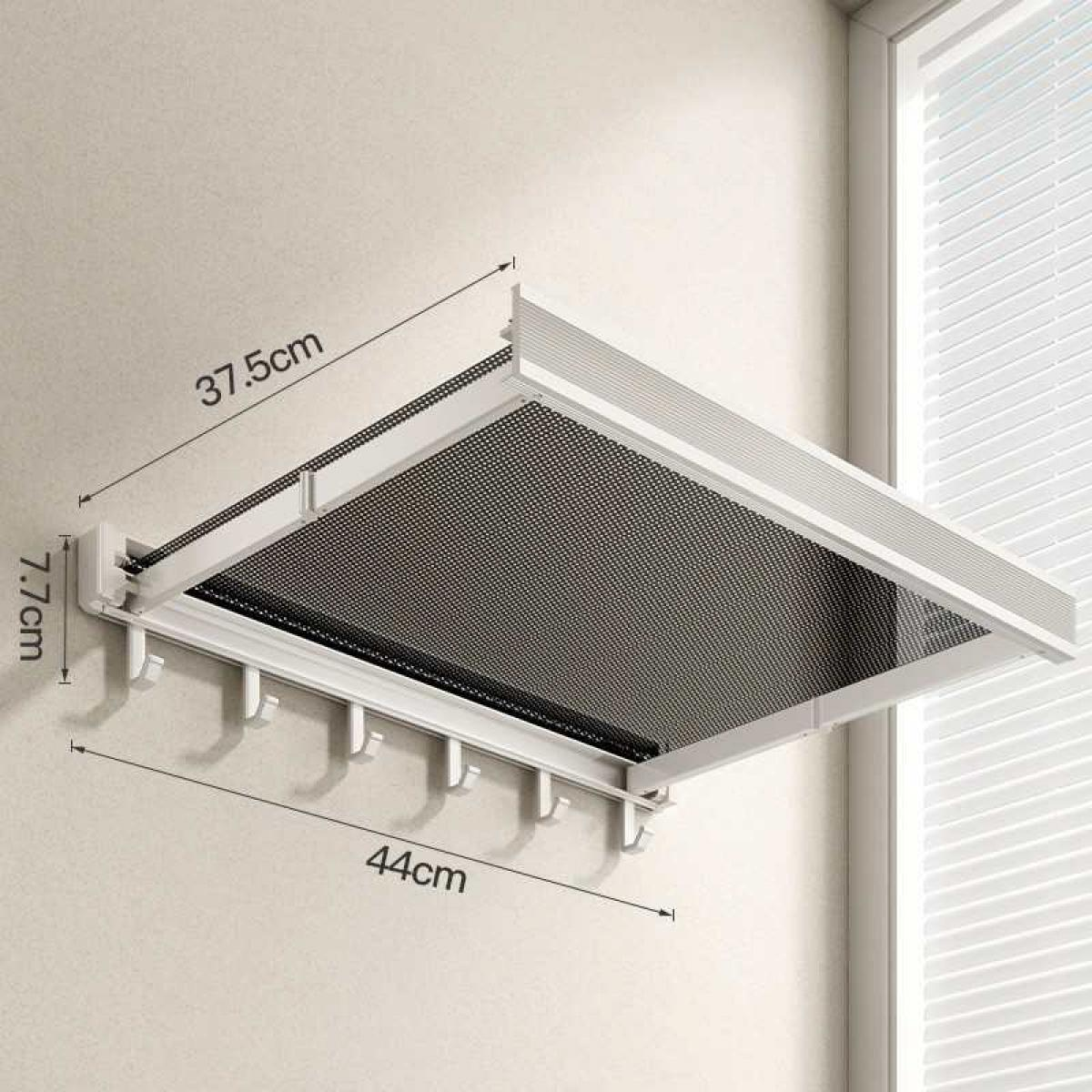 Ein weißer, an der Wand befestigter Trockenständer mit Haken. Es hat eine Mesh-Oberfläche und Maße, die auf dem Bild beschriftet sind.