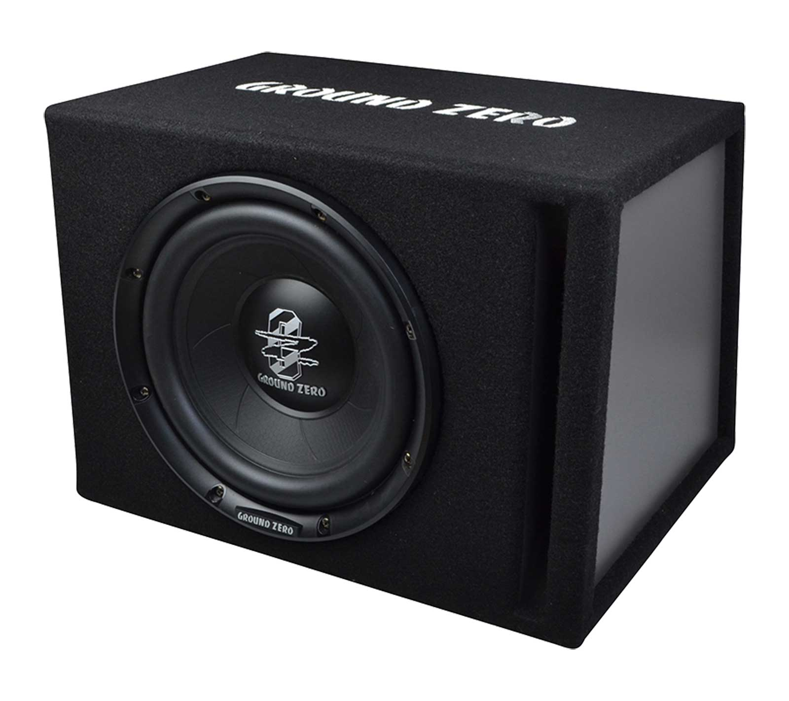 Schwarze Subwoofer-Box mit großem Lautsprecher. 'Ground Zero' steht auf der Box. Der Lautsprecher ist schwarz mit silbernem Logo.