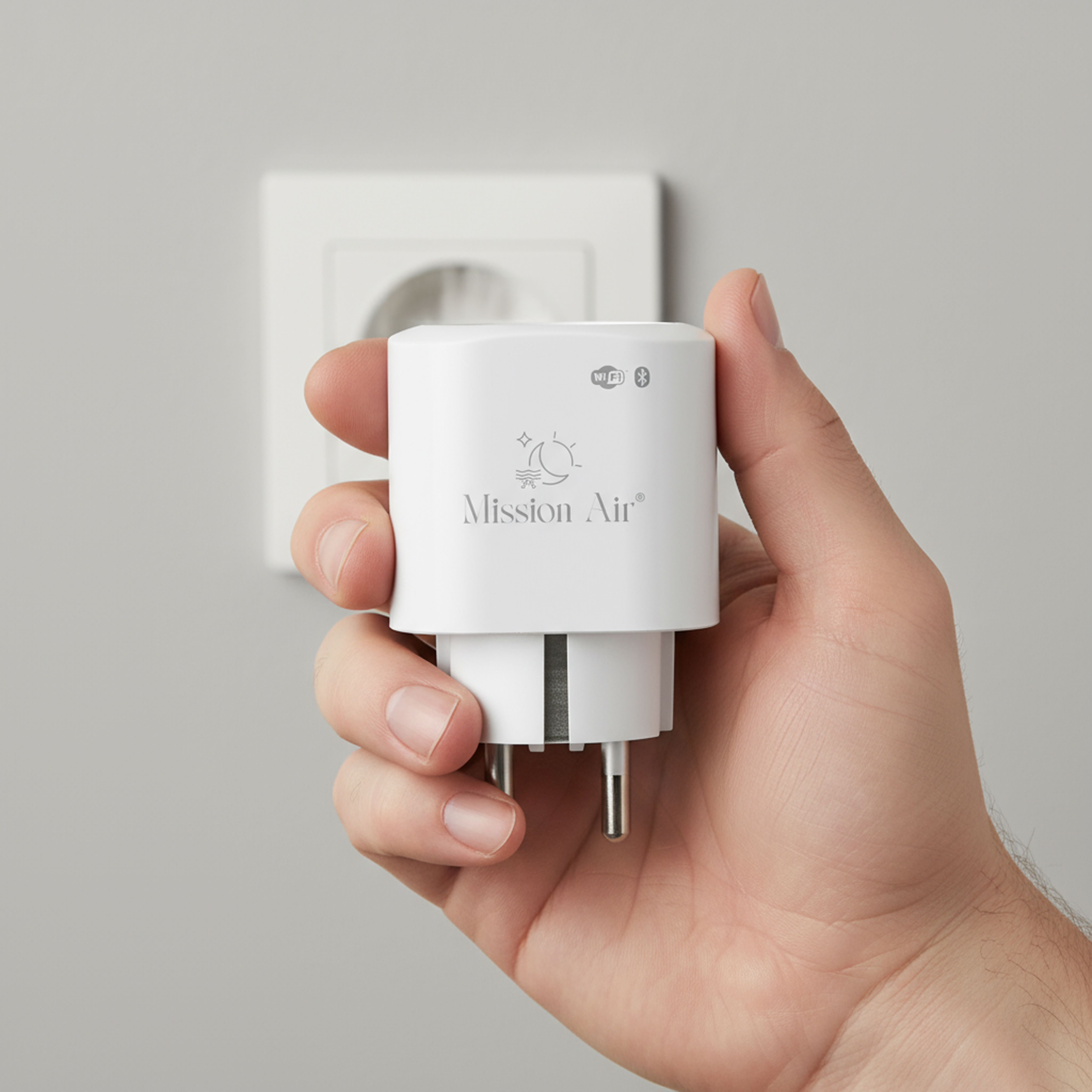 Dłoń trzyma białą wtyczkę smart przed gniazdkiem ściennym. Wtyczka ma logo Mission Air.