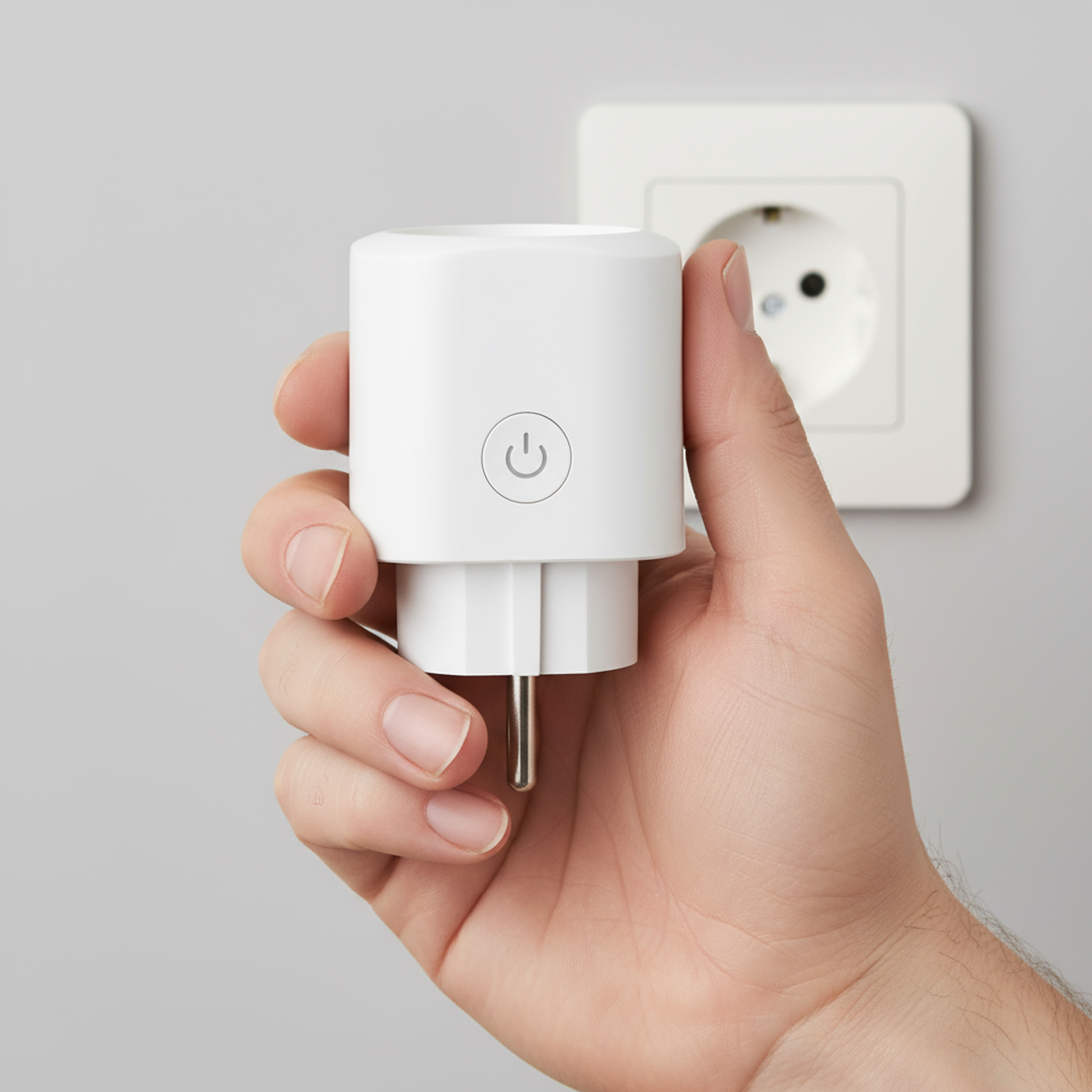 Ręka trzyma białą wtyczkę smart z przyciskiem zasilania. Białe gniazdo w tle.