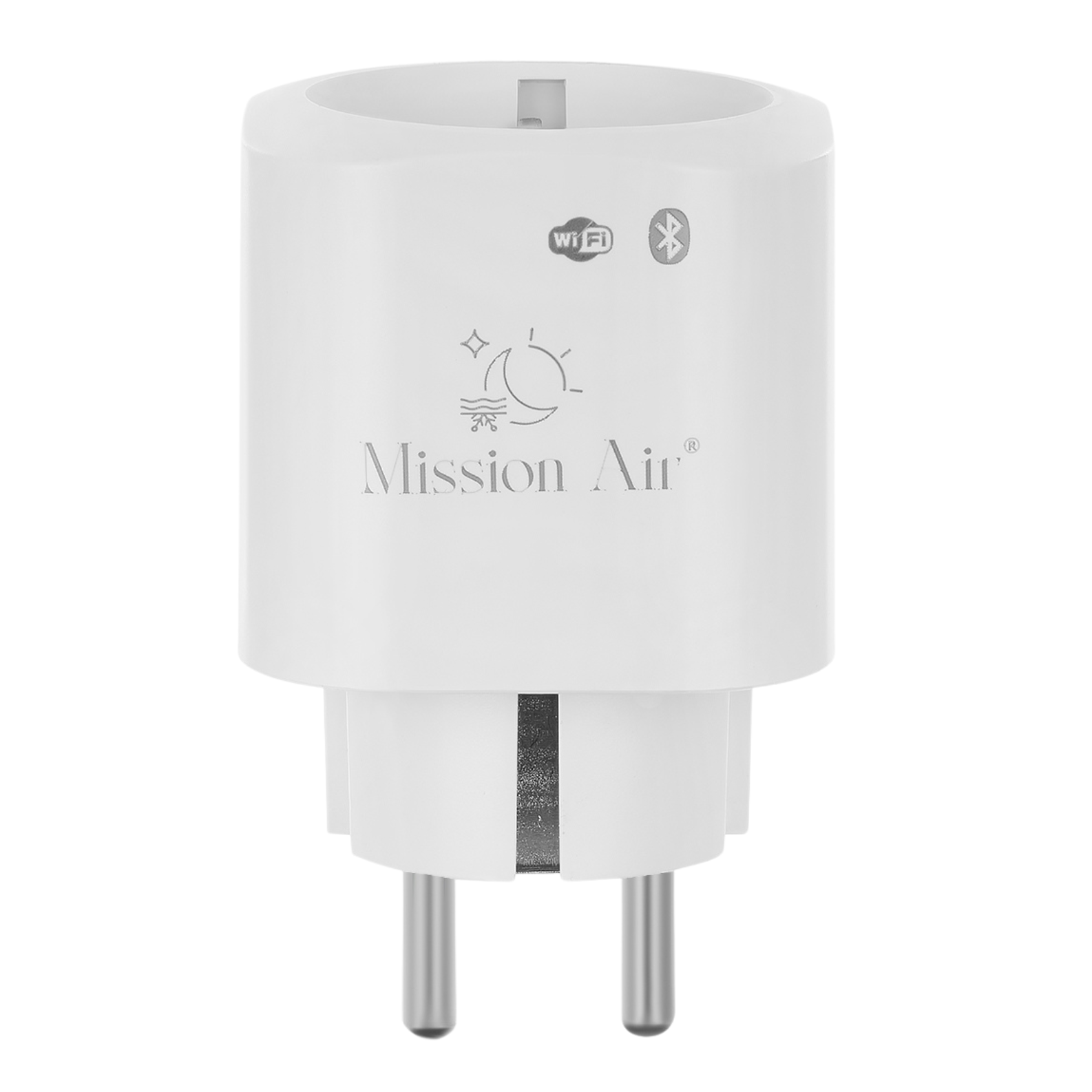 Biała inteligentna wtyczka Mission Air z symbolami Wi-Fi i Bluetooth, dwoma metalowymi pinami i europejskim designem wtyczki.