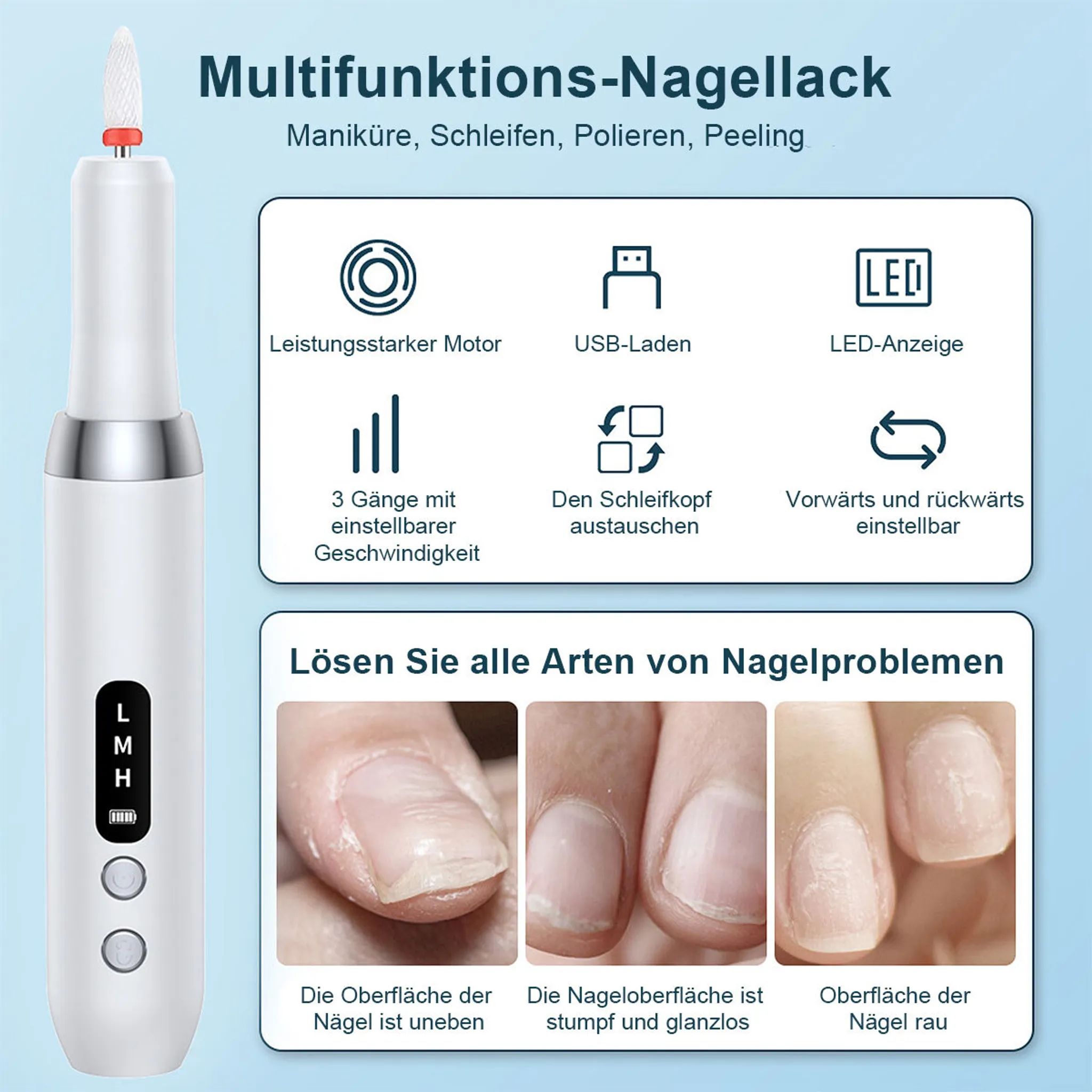 Das Bild zeigt ein Nagelpflegegerät mit Funktionen und Lösungen für Nagelprobleme. Enthält Nahaufnahmen von Nägeln.