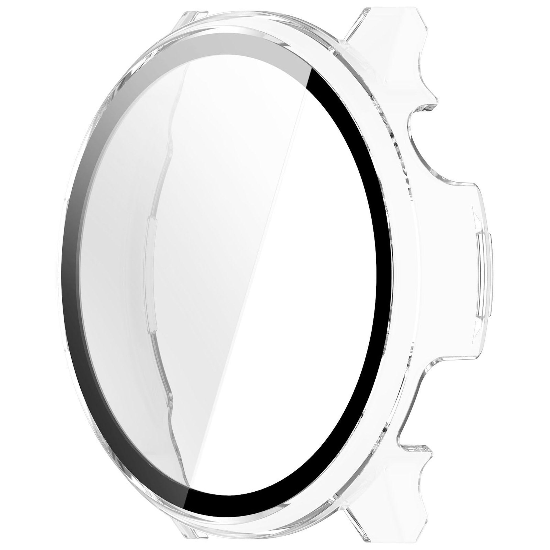 Transparente Uhrenhülle mit schwarzem Rand. Sie hat eine runde Form und transparentes Material. Der Hintergrund ist weiß.