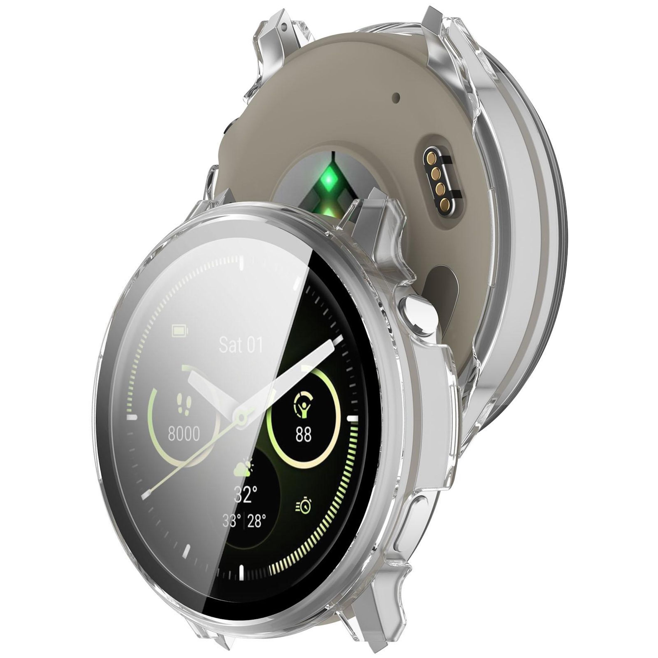 Smartwatch mit klarer Schutzhülle. Das Zifferblatt zeigt Zeit, Schritte und Akkuladung an. Die Rückseite ist beige.
