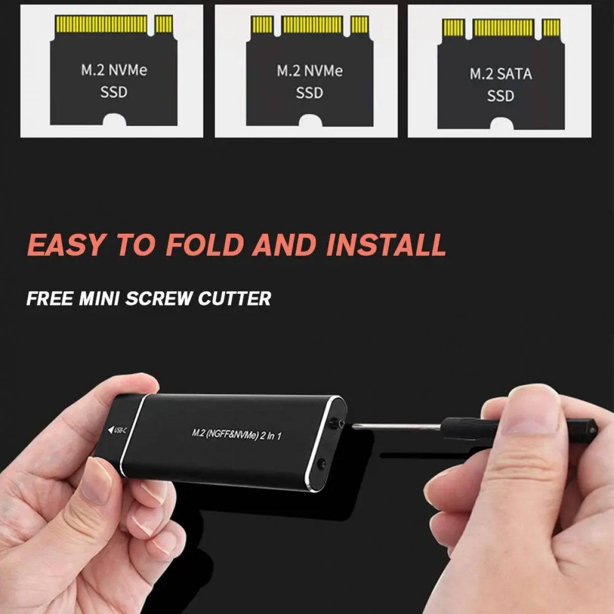 Das Bild zeigt drei SSDs, Text 'Easy to fold', ein schwarzes Gerät mit Schraubendreher und einen USB-C-Anschluss.