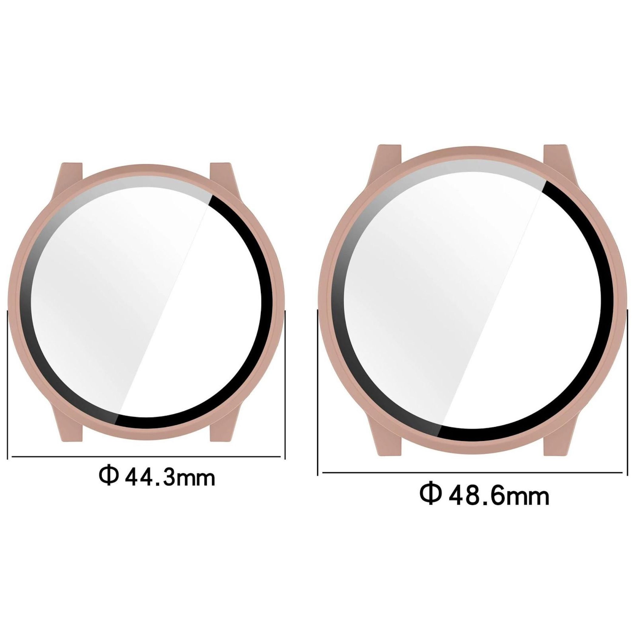 Zwei Displayschutzfolien für Uhren. Eine ist 44,3 mm groß, die andere 48,6 mm. Beide haben einen rosa Rahmen und einen weißen Bildschirm.