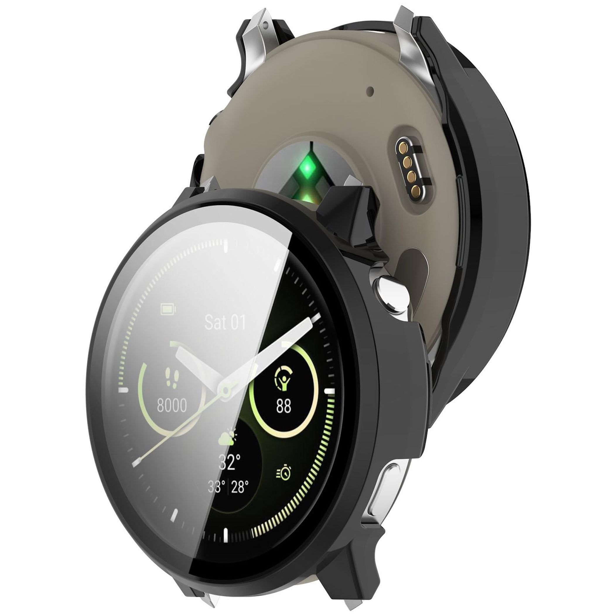 Eine Smartwatch mit schwarzem Gehäuse und Bildschirm, der Datum, Uhrzeit und Gesundheitsdaten anzeigt, mit Schutzhülle.