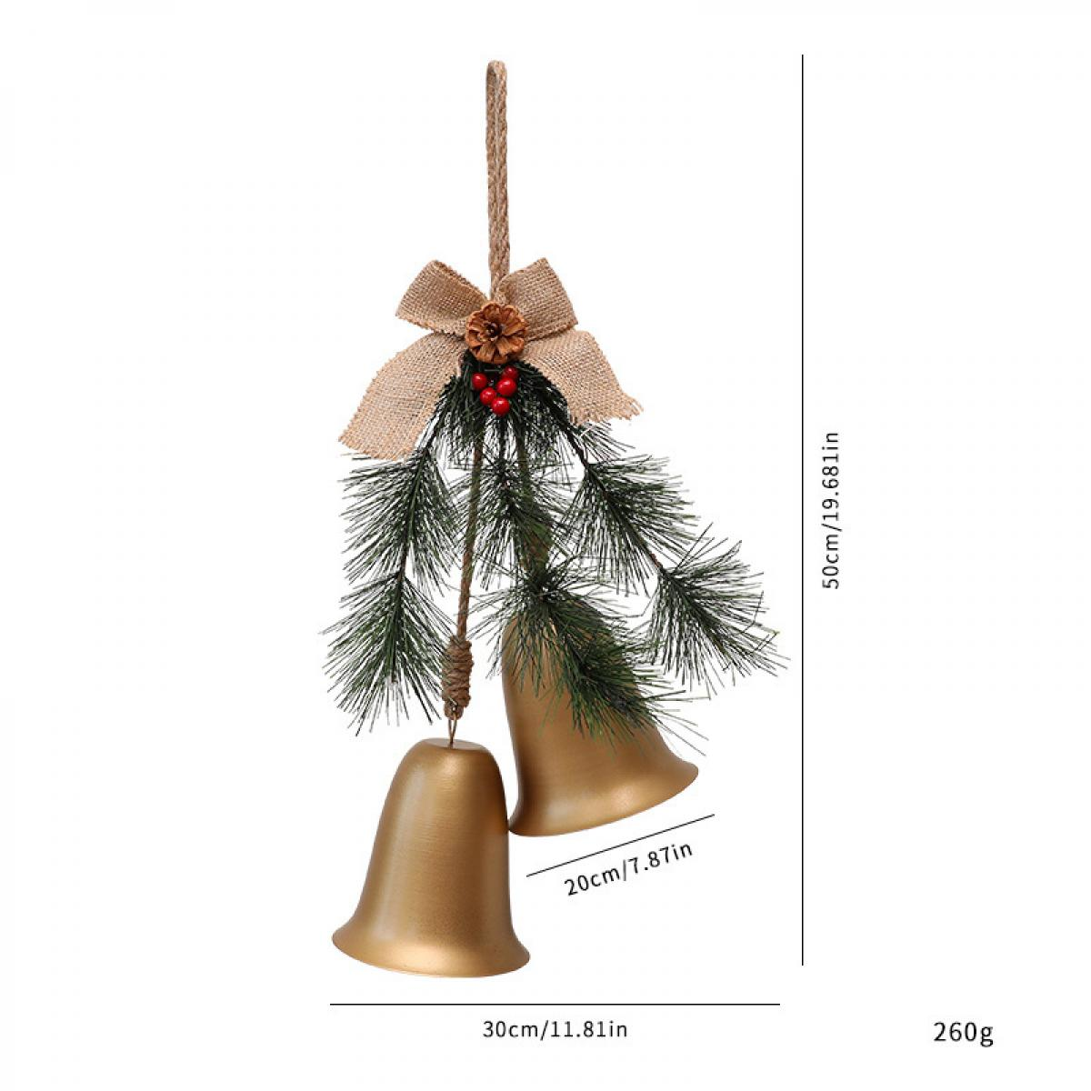 Goldene Weihnachtsglocken mit Tannennadeln, Jutenschleife, Tannenzapfen und roten Beeren. Maße und Gewicht sind ebenfalls angegeben.