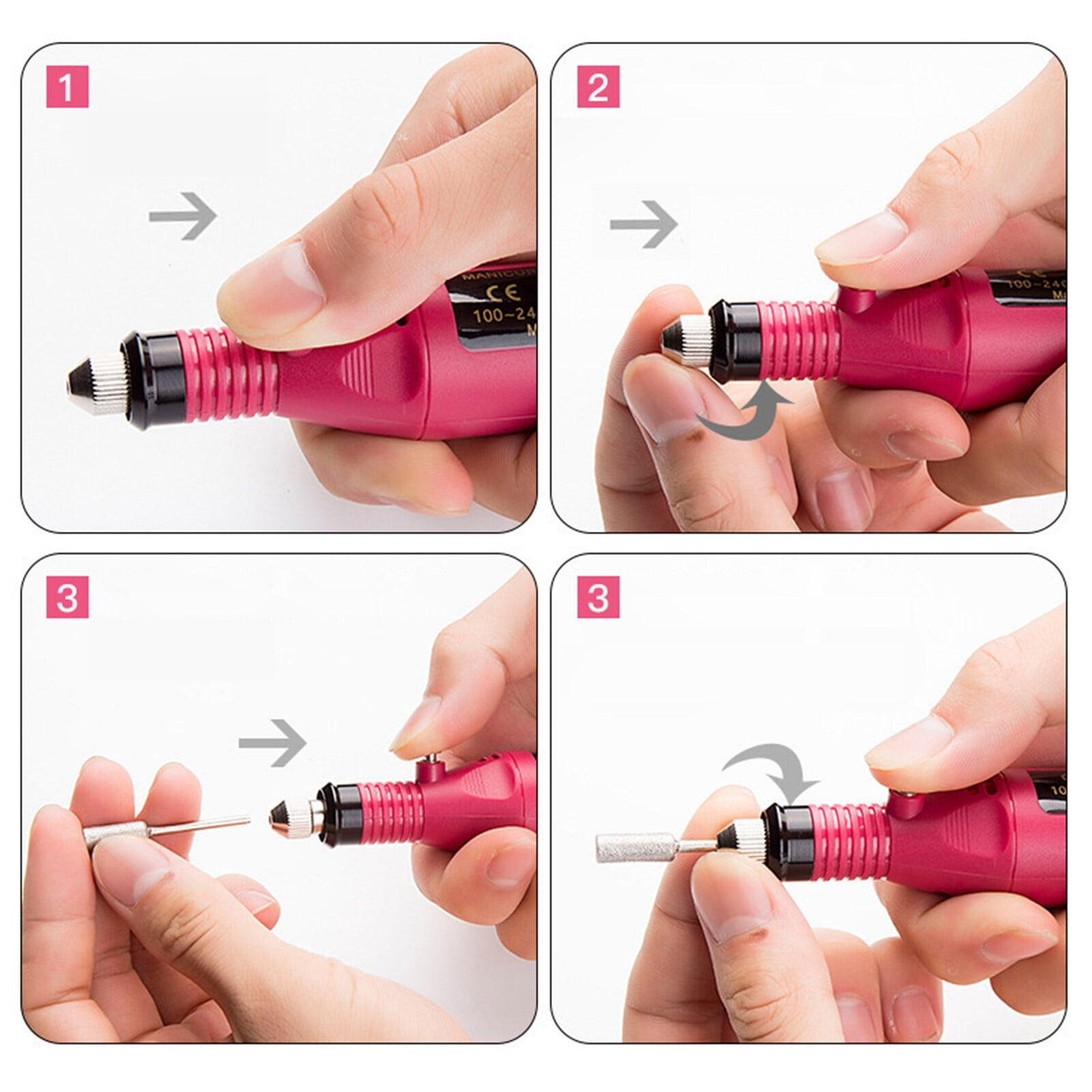 Die Schritte 1-4 zeigen die Montage eines rosa Nagelschleifers. Hände halten Bohrer, setzen Bits ein und drehen Teile.