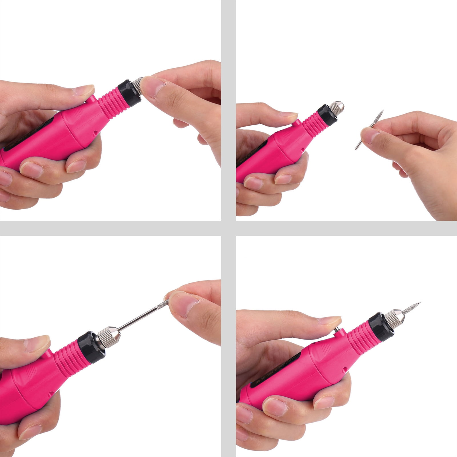 Vier Bilder zeigen Hände, die eine pinkfarbene elektrische Nagelfeile benutzen. Verschiedene Ansichten zeigen die Feile und den Aufsatz.