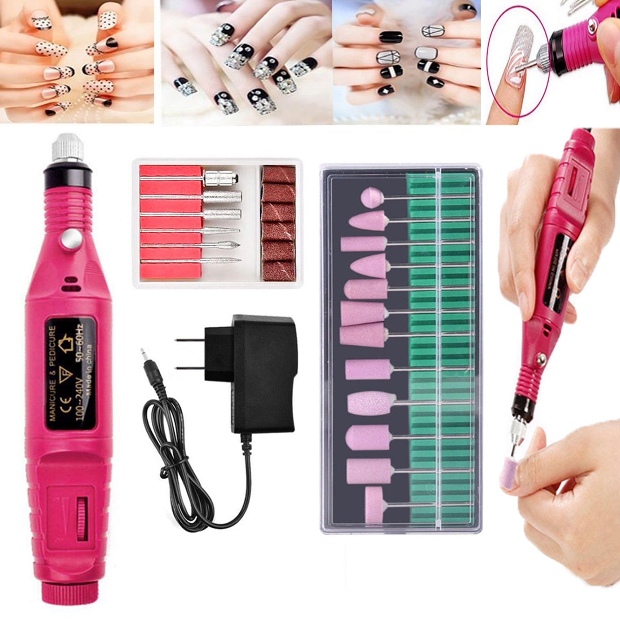 Ein Nagelbohr-Kit mit verschiedenen Bits, ein Netzteil und manikürte Nägel werden gezeigt. Die Werkzeuge sind rosa und silber.