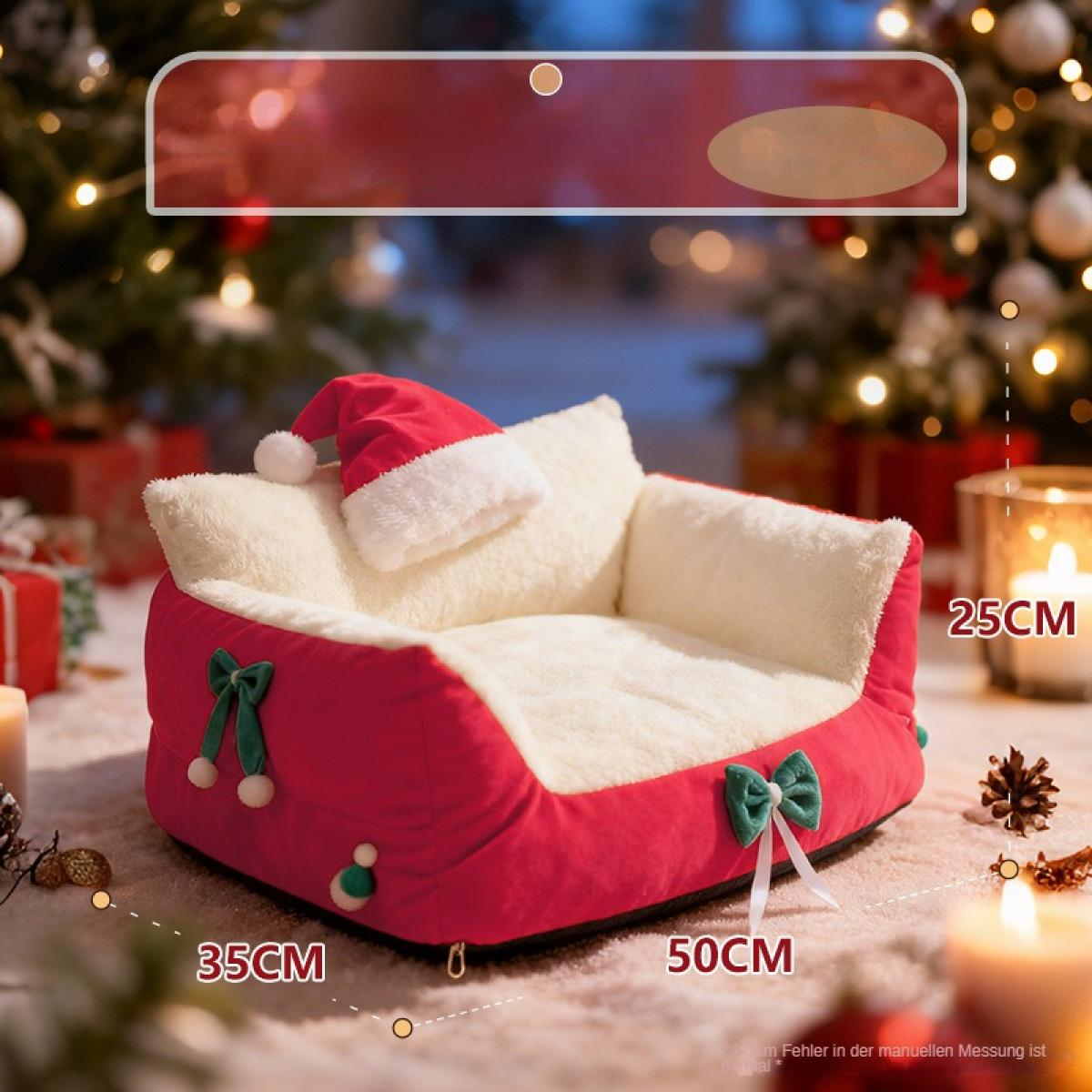 Ein rot-weißes Haustierbett mit Weihnachtsmütze. Abmessungen werden angezeigt. Weihnachtsbaum und Dekorationen im Hintergrund.