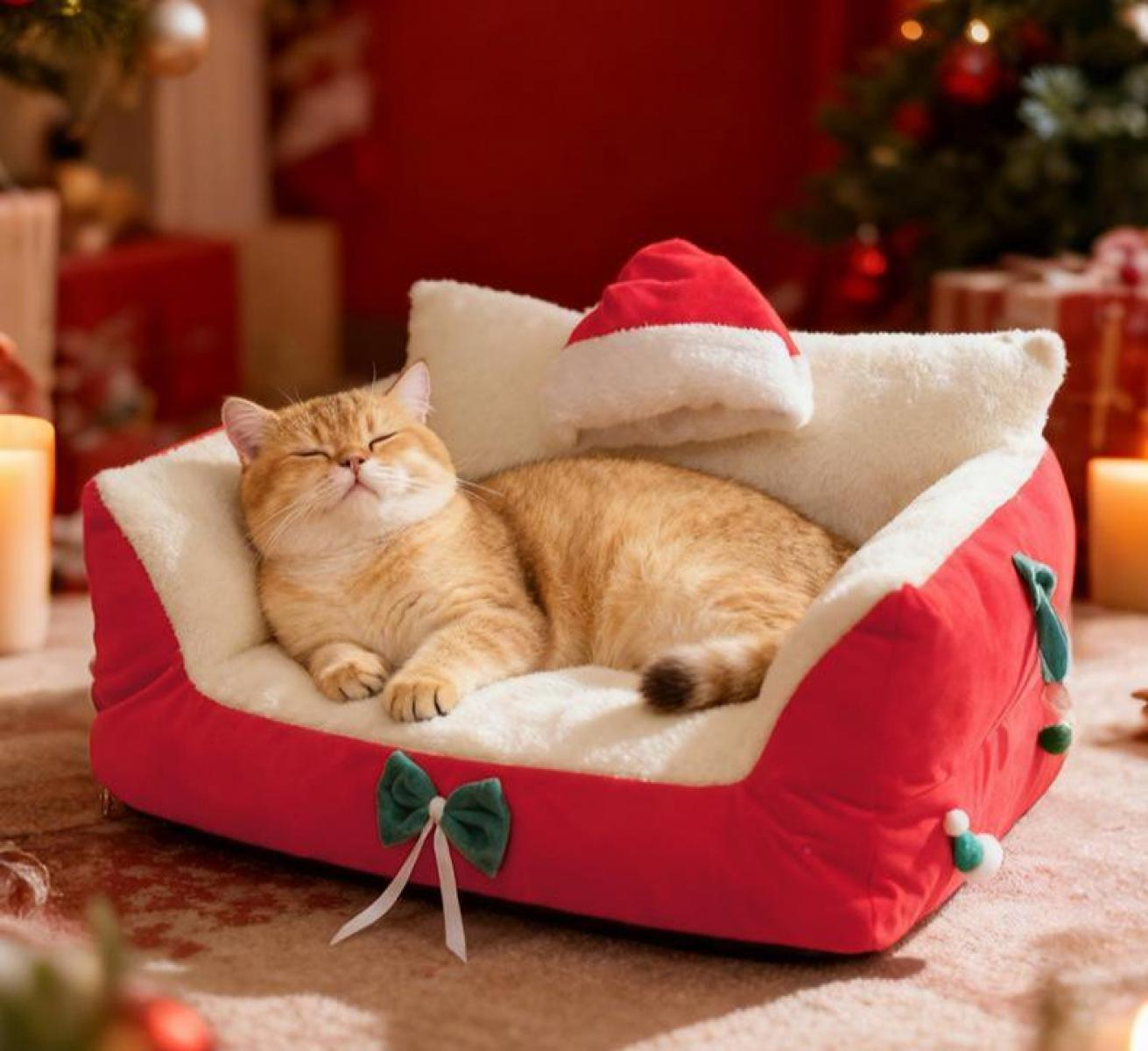 Eine goldene Katze schläft in einem roten Bett mit Weihnachtsmütze. Das Bett hat eine weiße, flauschige Innenausstattung. Weihnachtsbaum und Geschenke im Hintergrund.