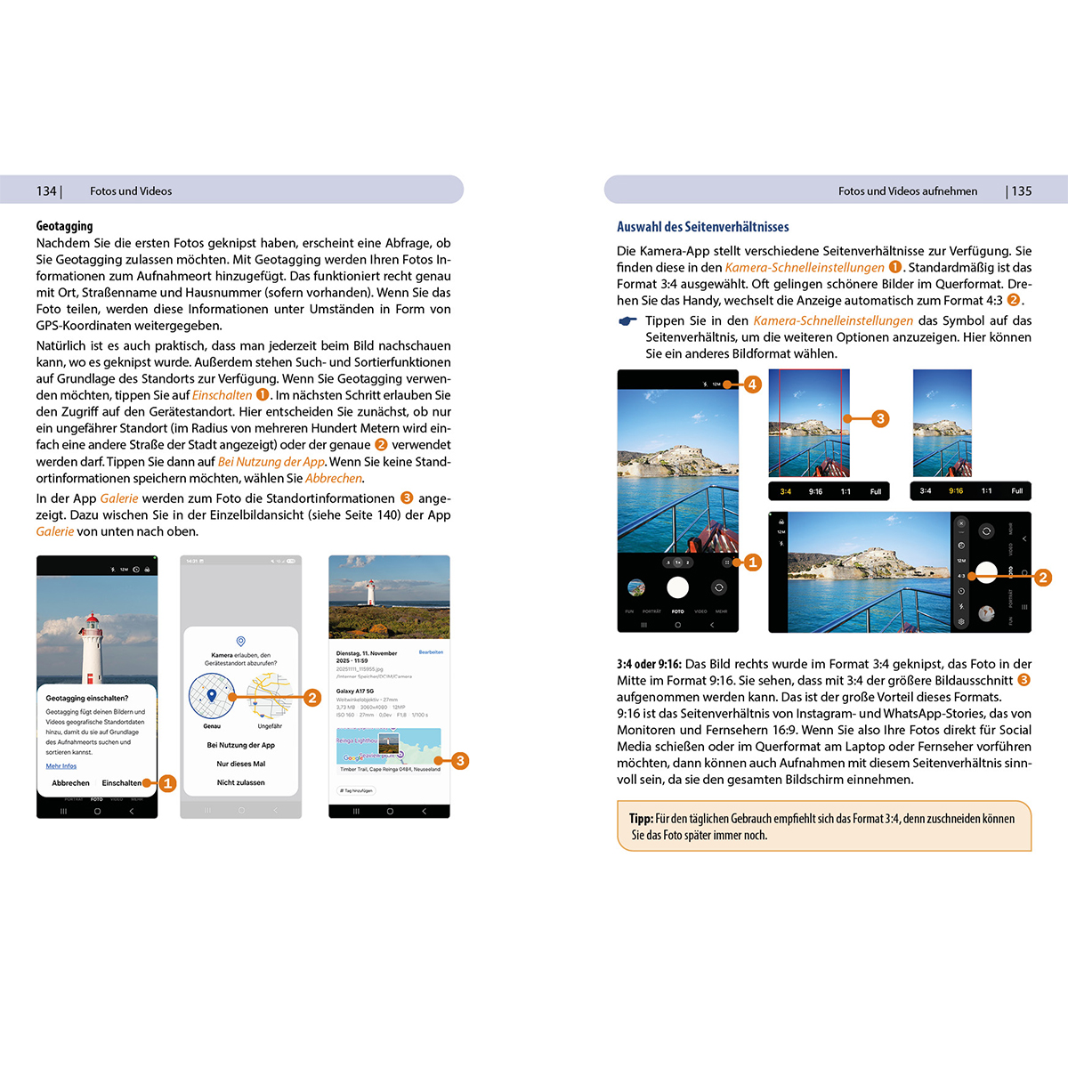 Das Bild zeigt eine Seite aus einer Zeitschrift über Fotoeinstellungen. Es gibt verschiedene Screenshots eines Telefons.