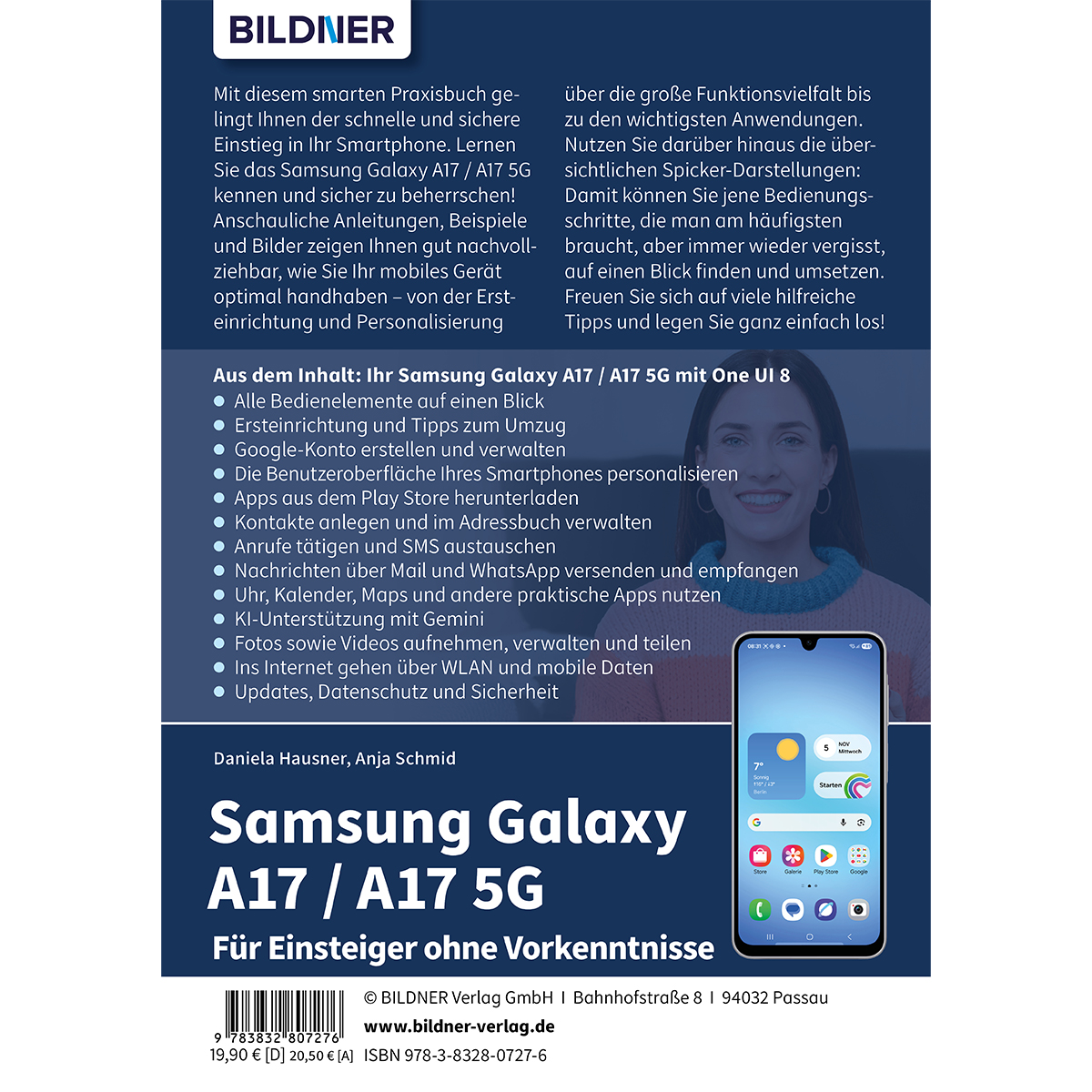 Buchcover für Samsung Galaxy A17/A17 5G. Frau lächelt. Telefonbildschirm sichtbar. Text und Logo im Vordergrund.