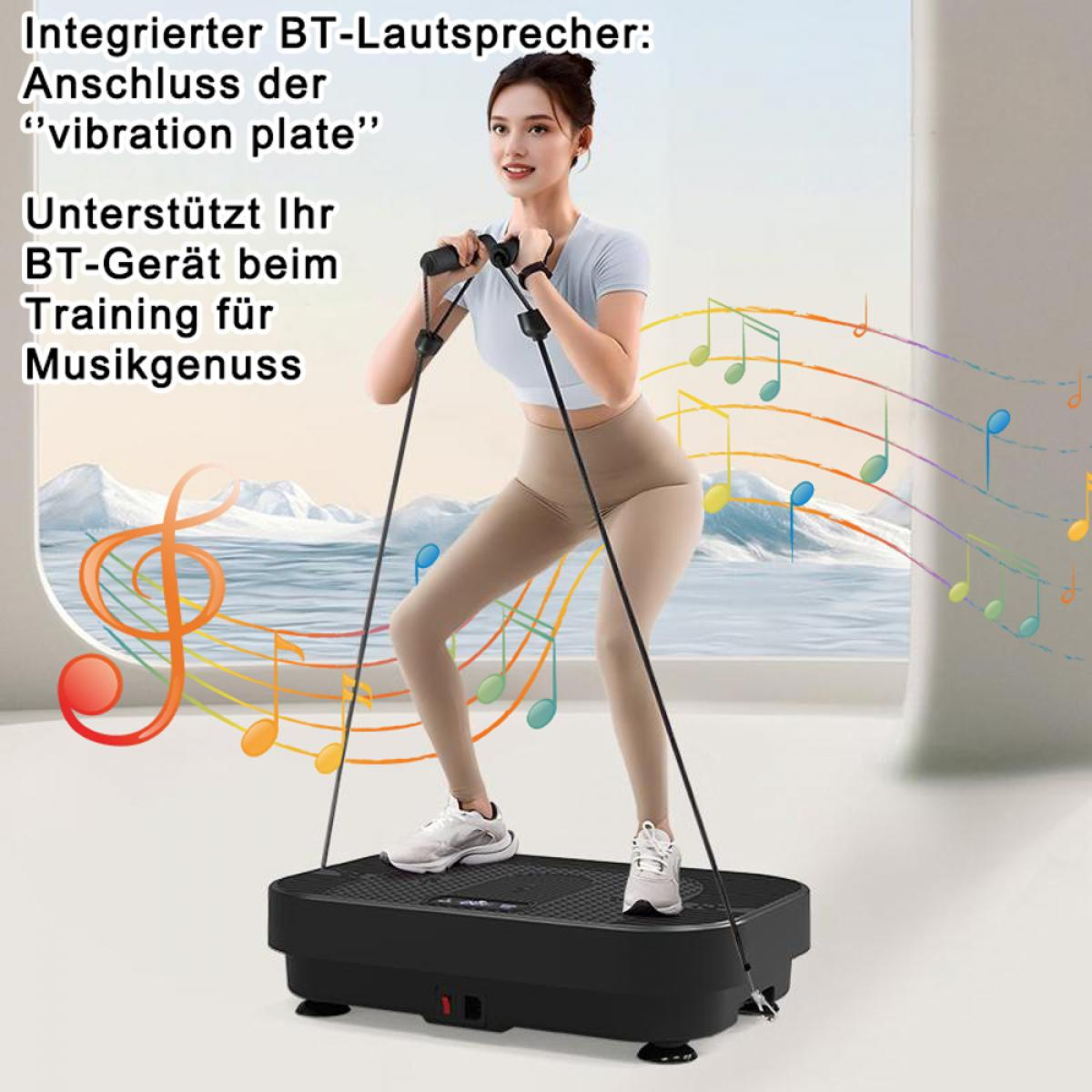 Eine Frau trainiert auf einer Vibrationsplatte und hält Widerstandsbänder. Musiknoten und Text umgeben sie. Sie trägt Sportkleidung und Turnschuhe.