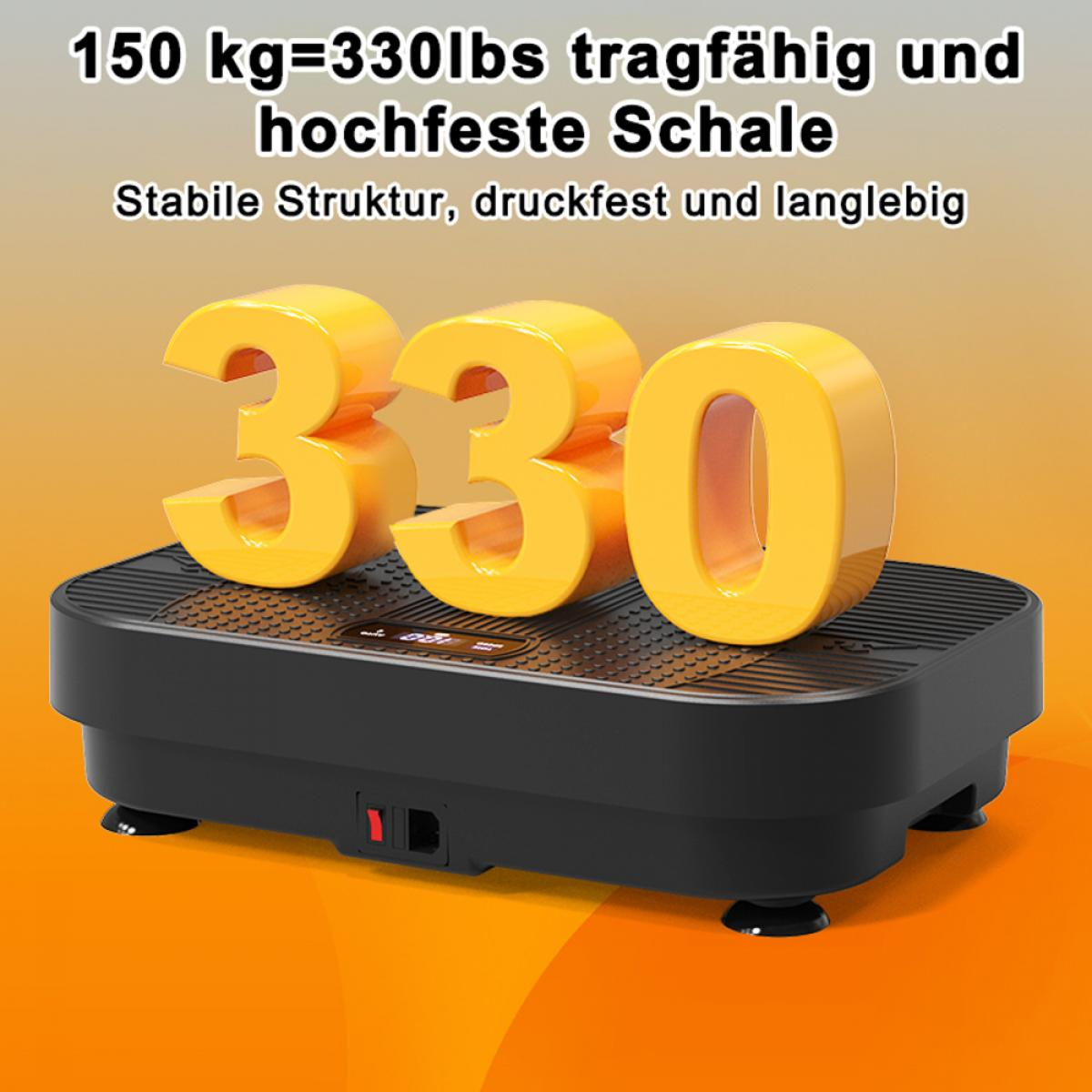 Oranger Hintergrund. Schwarze Vibrationsplatte mit gelber '330' oben. Text oben: '150 kg=330 lbs'.