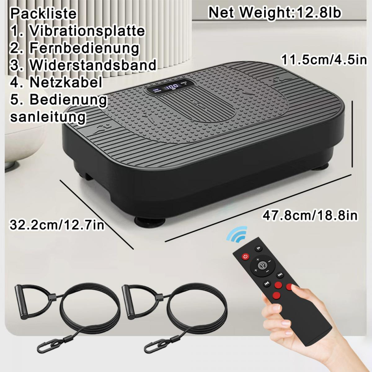 Schwarze Vibrationsplatte mit Fernbedienung und Widerstandsbändern. Abmessungen und Gewicht sind angegeben. Packliste enthält Artikel.