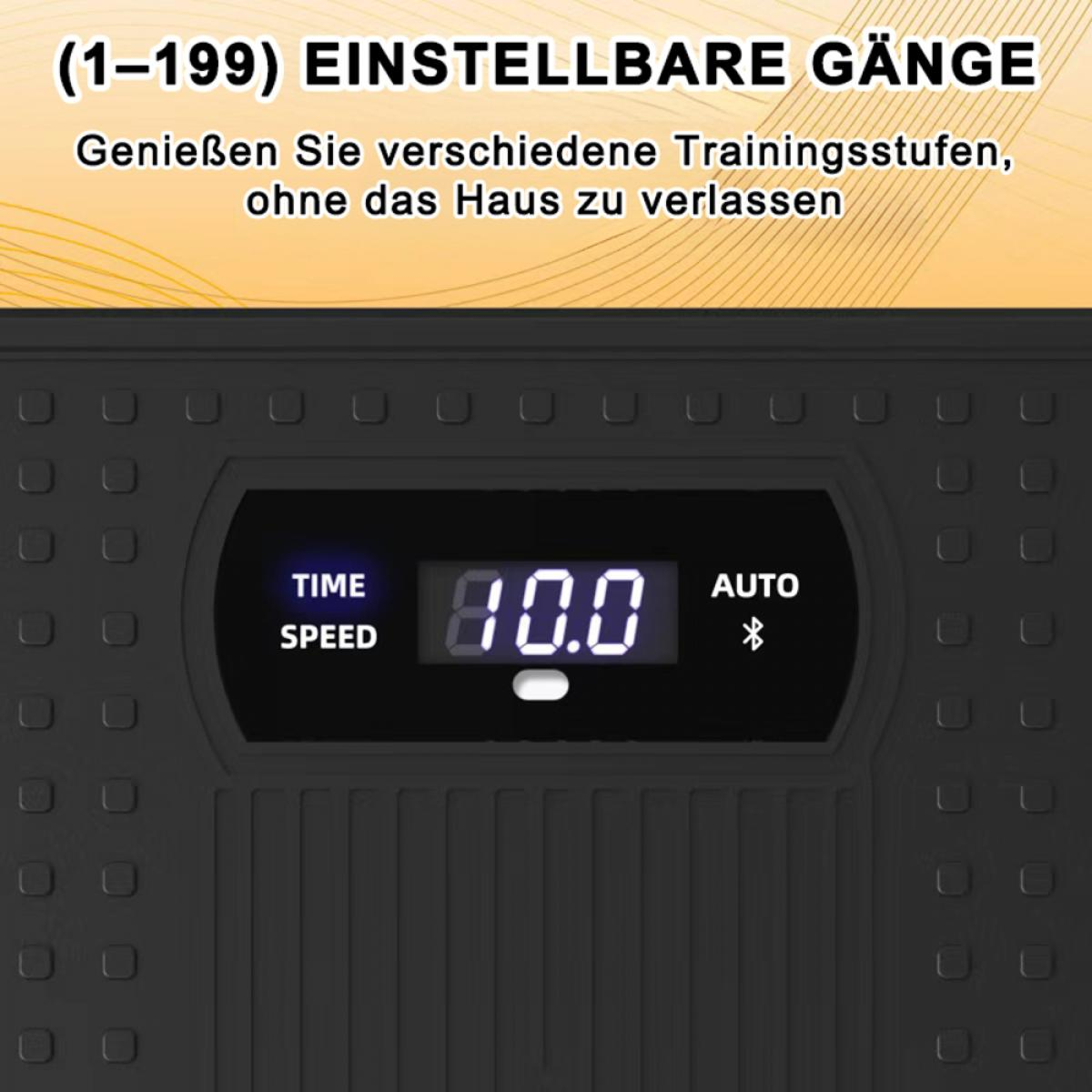 Ein Fitnessgerät mit Digitalanzeige, die '10.0' anzeigt. Es hat Zeit, Geschwindigkeit, Auto und ein Bluetooth-Symbol. Der Hintergrund hat Text.