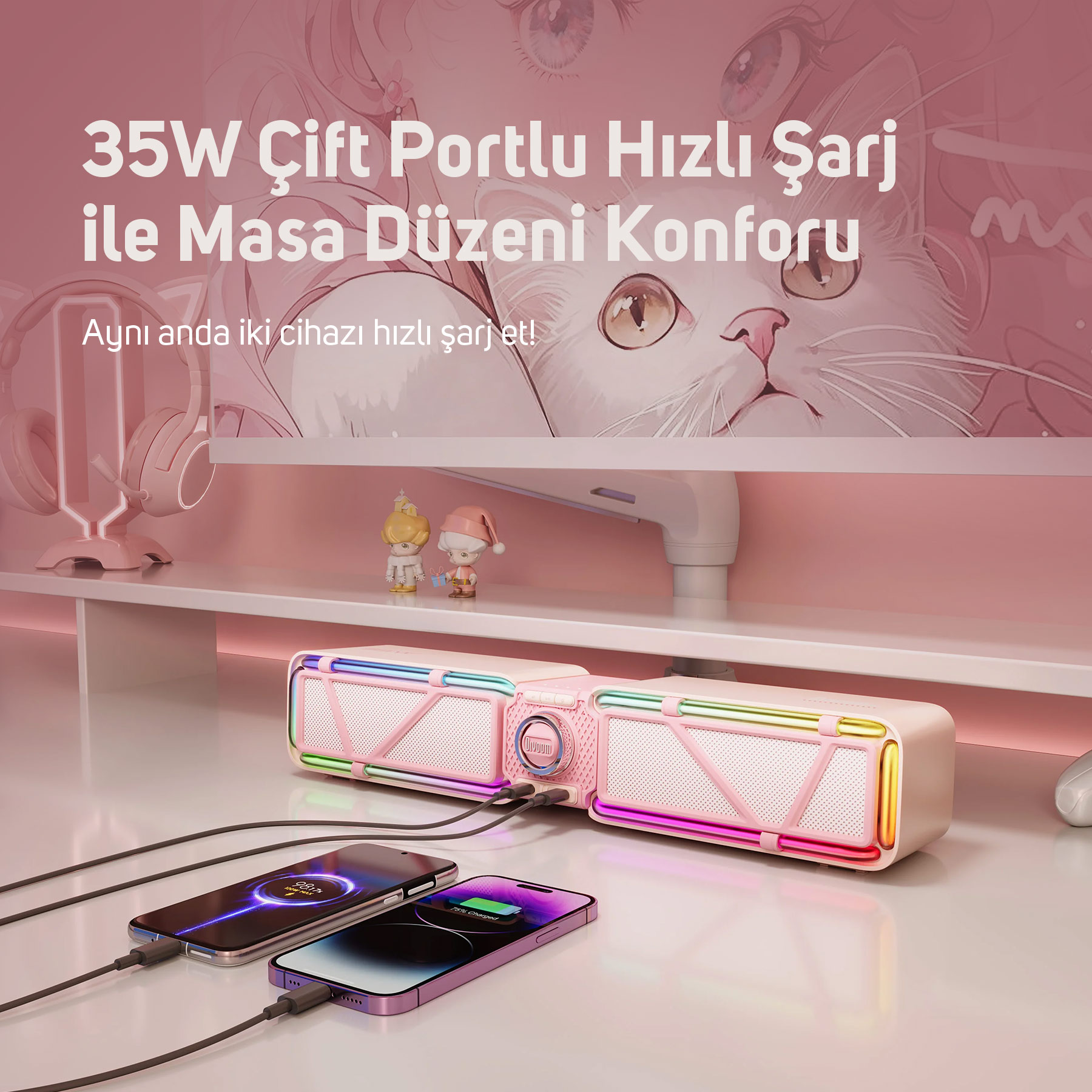 İki telefonun şarj olduğu pembe bir şarj istasyonu. Arka planda bir kedi illüstrasyonu.