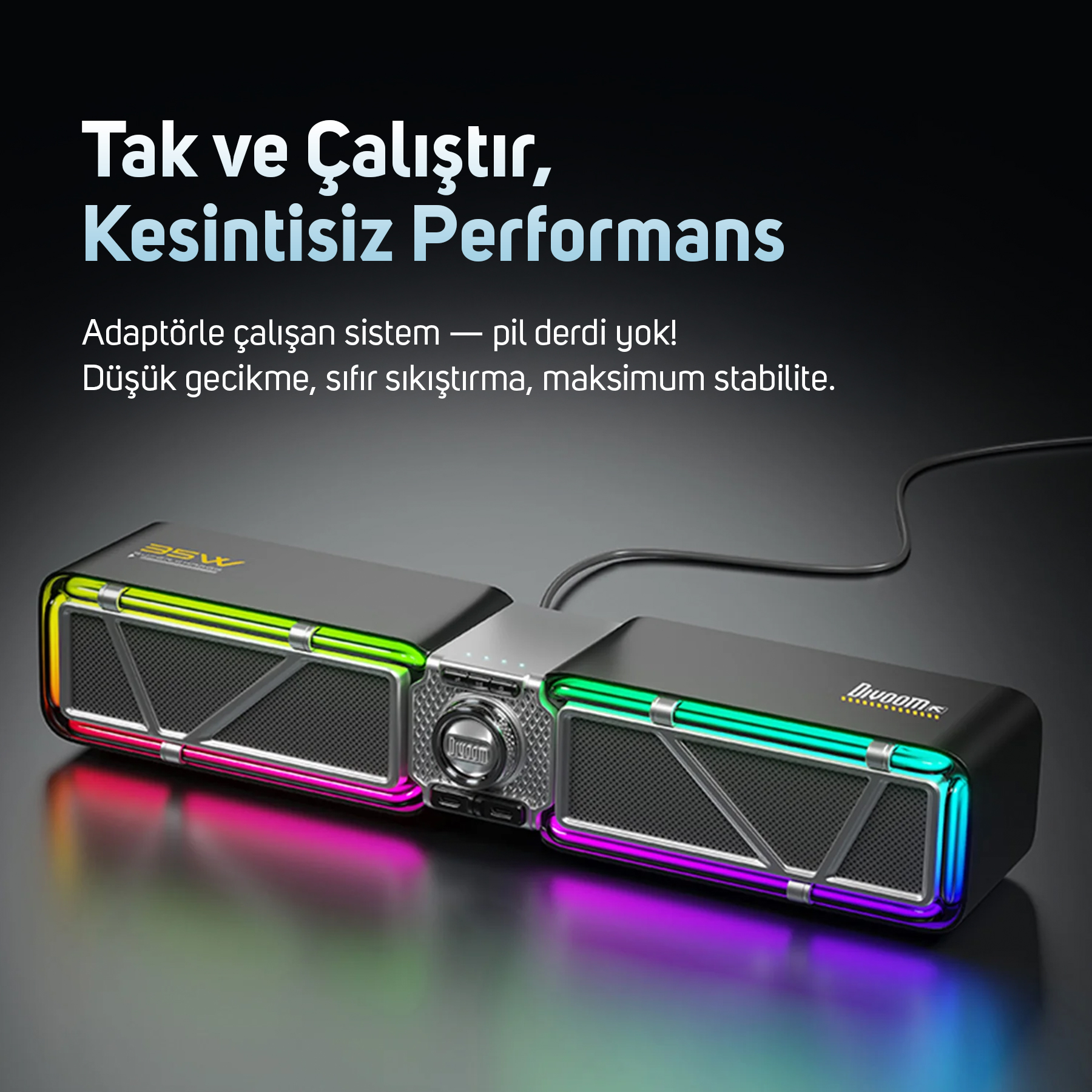 Renkli LED ışıklı modern siyah hoparlör. Metalik bir yüzeye ve kablolu bir bağlantıya sahiptir.