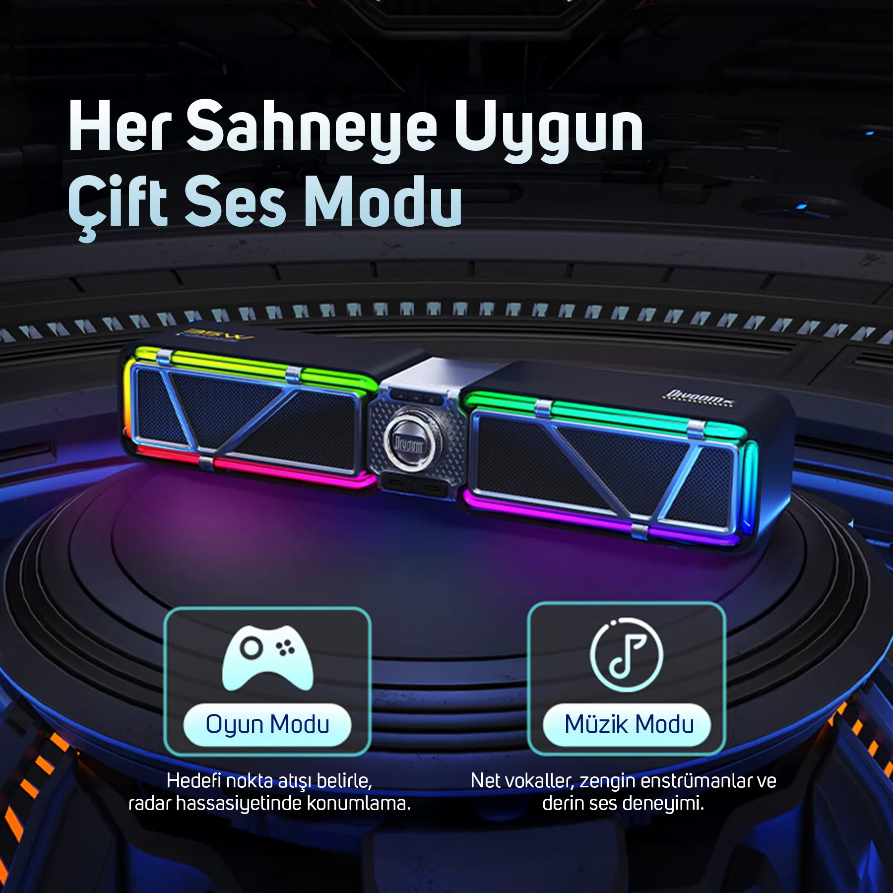 Renkli ışıklara ve iki ses moduna sahip bir hoparlör: oyun ve müzik. Oyun modunda bir kontrolcü simgesi, müzikte bir nota var.