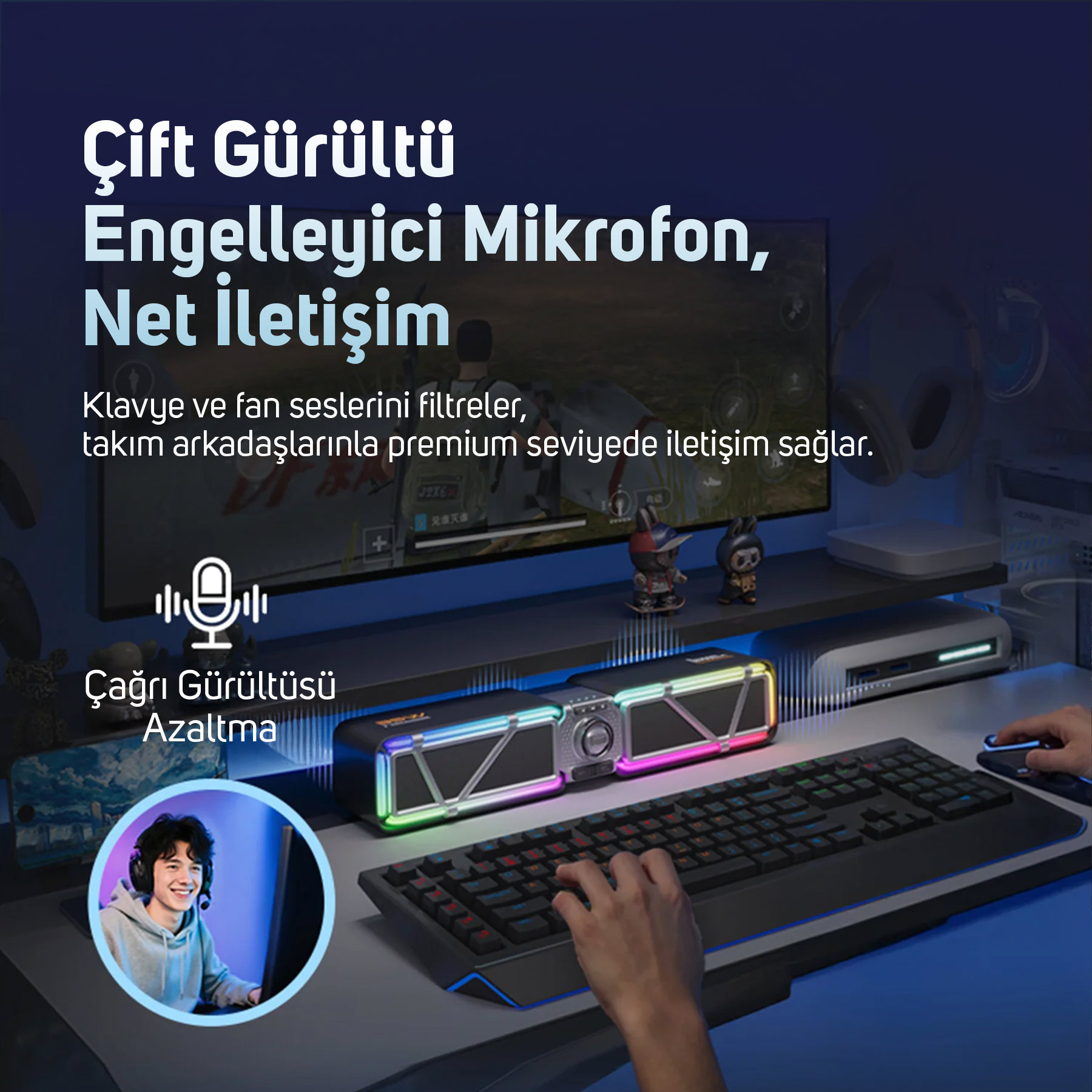 Klavye, fare, hoparlör ve kulaklık takan bir kişi ile oyun kurulumu. Görüntü ayrıca metin de gösterir.